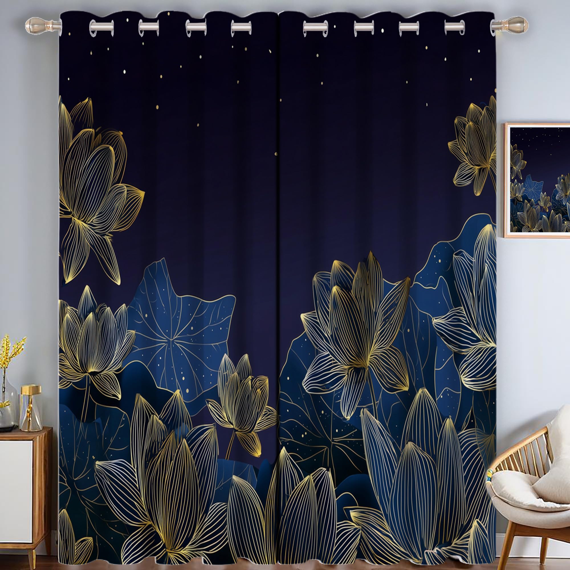 Rideau à oeillets marine avec motif de lotus zen pour habiller les fenêtres du salon
