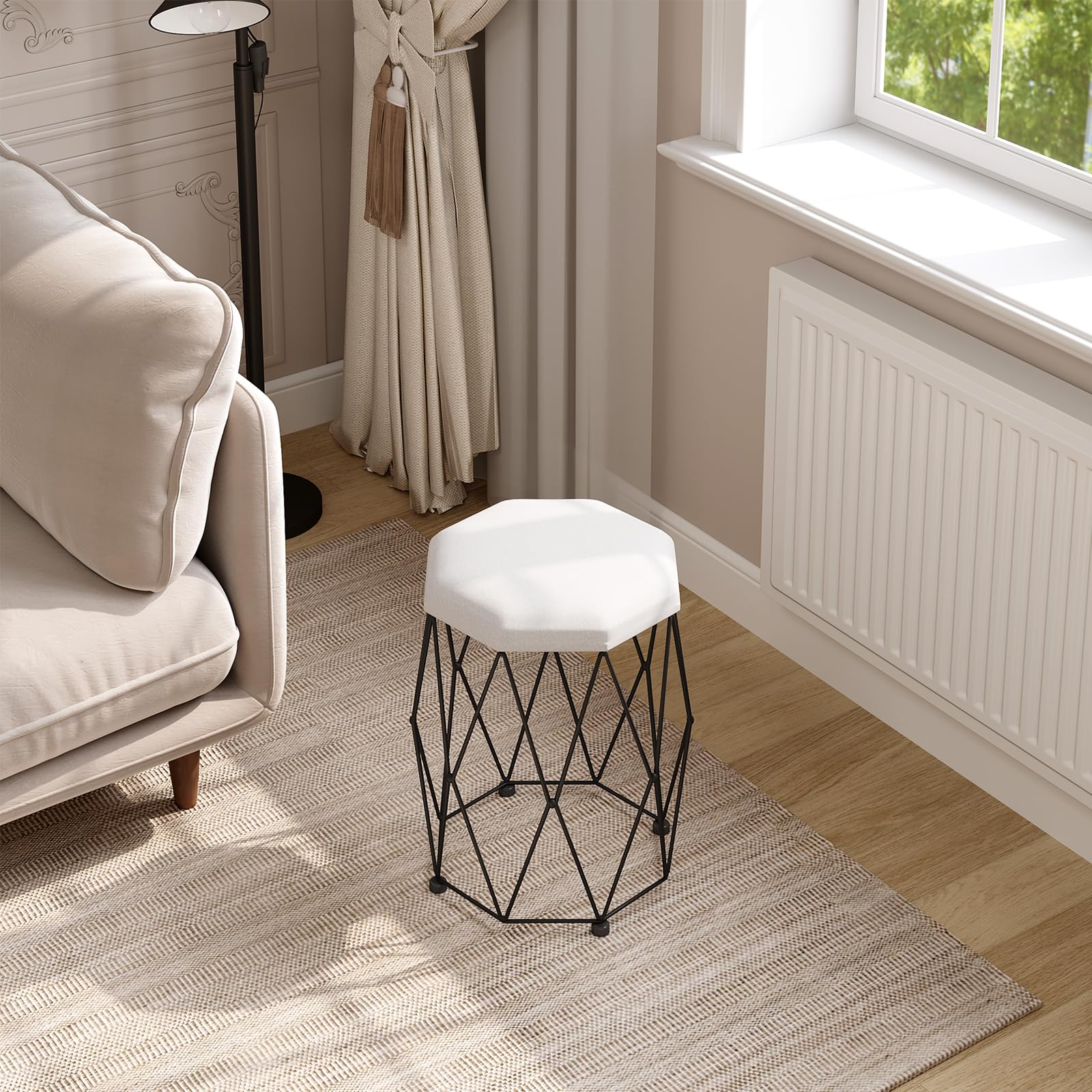 WOLTU Tabouret Coiffeuse, Chaise Coiffeuse, Siège Rembourré en Velours, Cadre en Métal, pour Chambre, Salon, 30x30x44cm, Blanc+Noir, MB6111wsz
