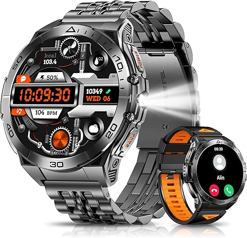 Military Smart Watches for Men with Bluetooth Call, 1.6" AMOLED Waterproof Smartwatch with Flashlight, 116 Sport Modes, 600mAh Heart RateSpO2Sleep