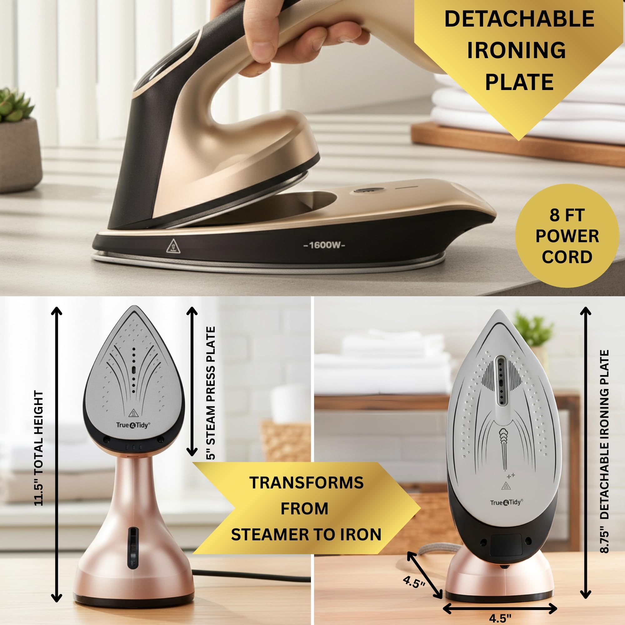 True & Tidy DuoPress XL 2 en 1 - Vapor y plancha de vapor de 1600 W, placa de cerámica grande, control inteligente de temperatura, 3 modos de vapor