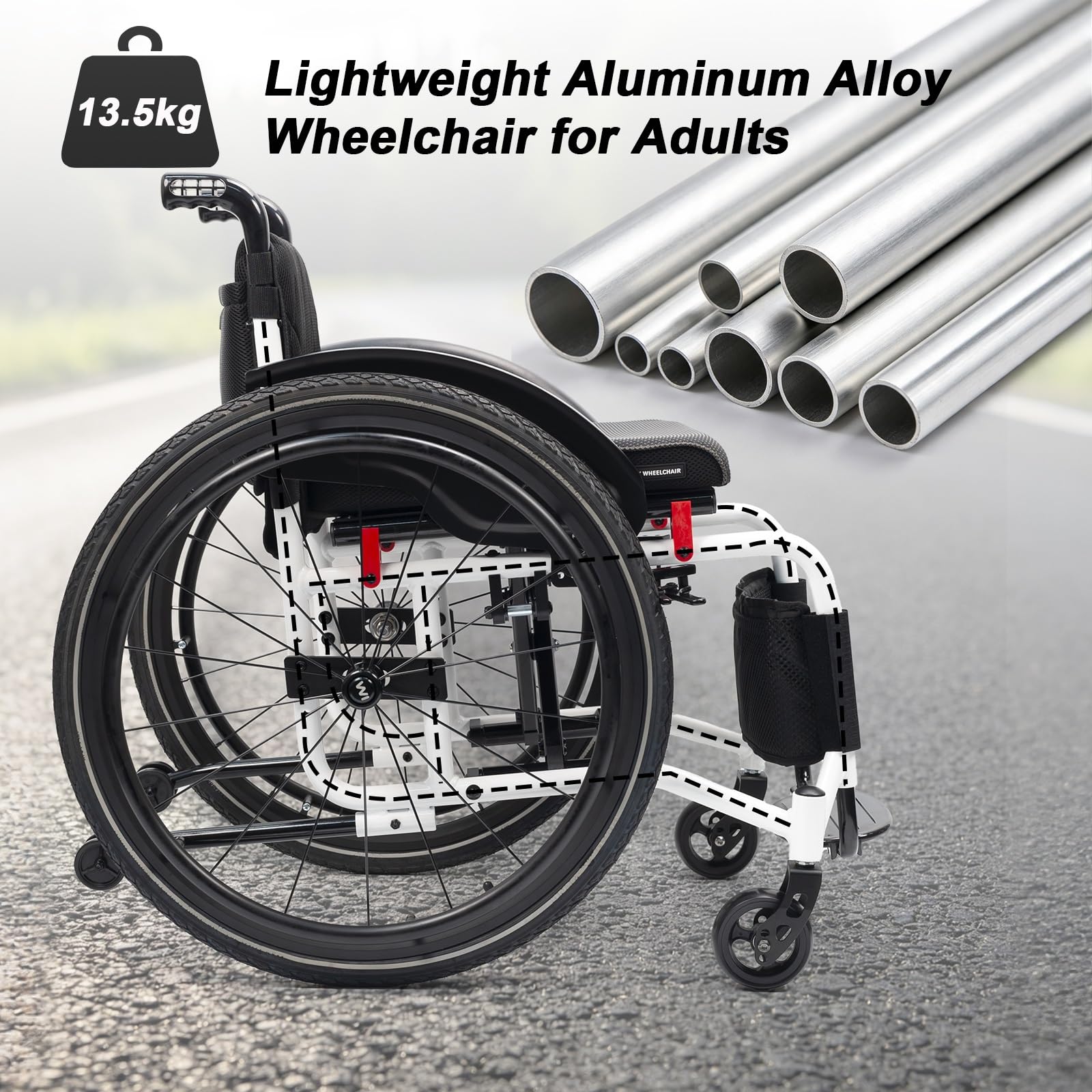 Sedia a Rotelle Pieghevole ad Autospinta, Leggera, Alluminio | Freno manuale, Poggiapiedi pieghevoli, Carrozzina da Transito，per disabili(White,15.7in Seat Width)