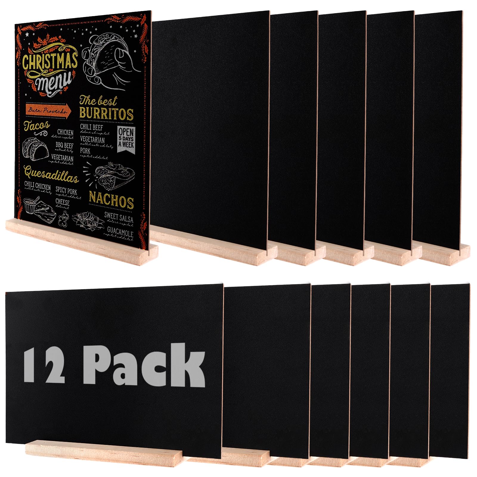CYEER 12 Stück Kreidetafel Aufsteller (ca. 15x22 cm / A5), Doppelseitige Tafel zum Beschriften mit Holzfuß, Tischaufsteller für Buffet, Hochzeit, Preisschilder & Party Deko