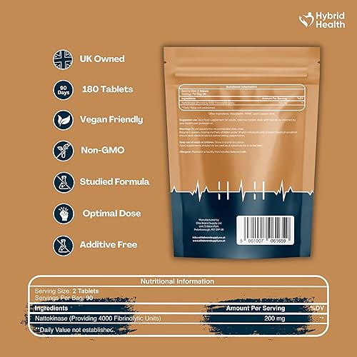 Miniatura 3 de Hybrid Health Nattokinase 180 tabletas  200 mg 4000 FU  Procedente de soja fermentada naturalmente  Fórmula vegana de alta resistencia, sin OMG, sin