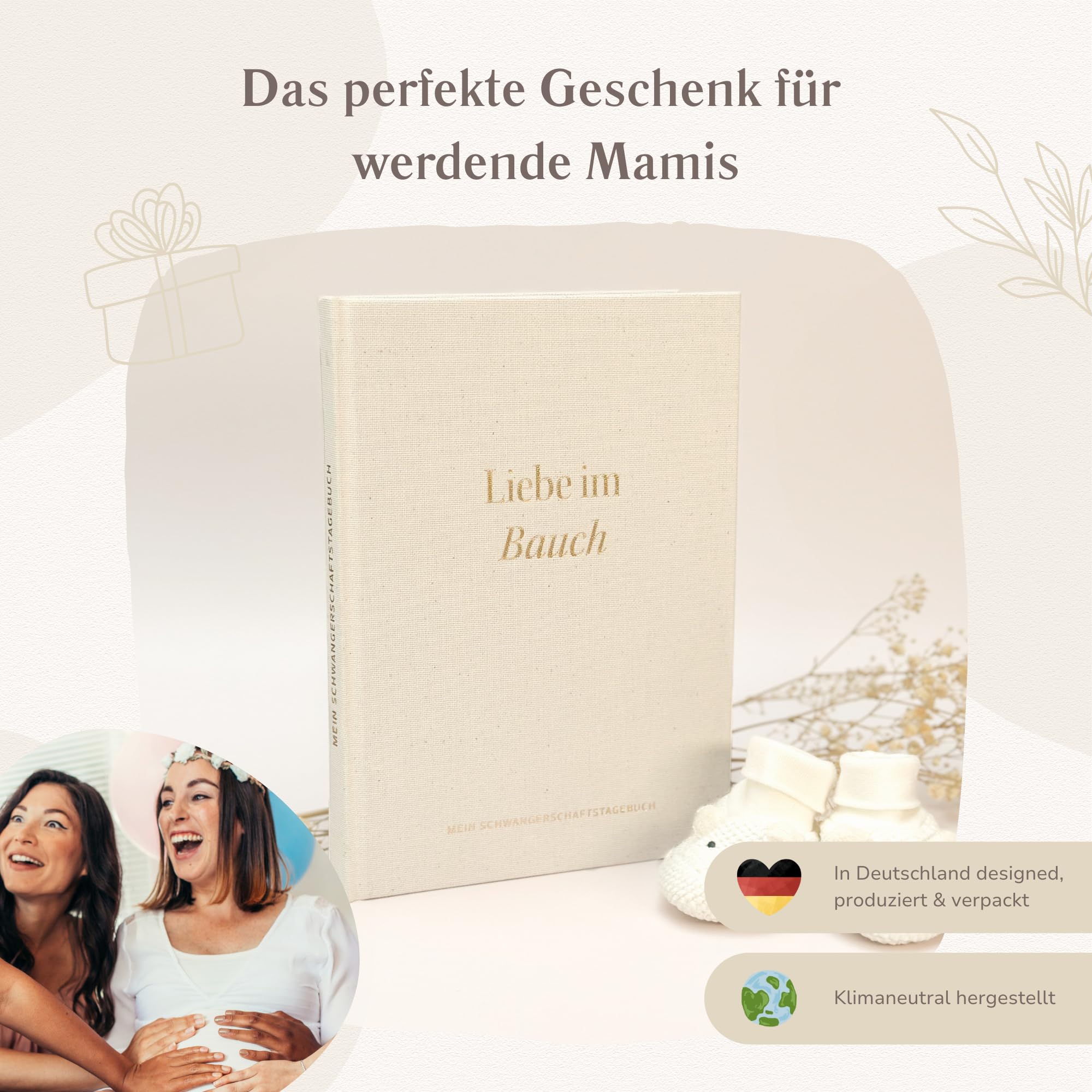 MeinBaby123® Schwangerschaftstagebuch „Liebe im Bauch“ aus Leinen – Hochwertiges Erinnerungsalbum & Tagebuch zur Schwangerschaft – Geschenk zur Geburt & für werdende Mamas
