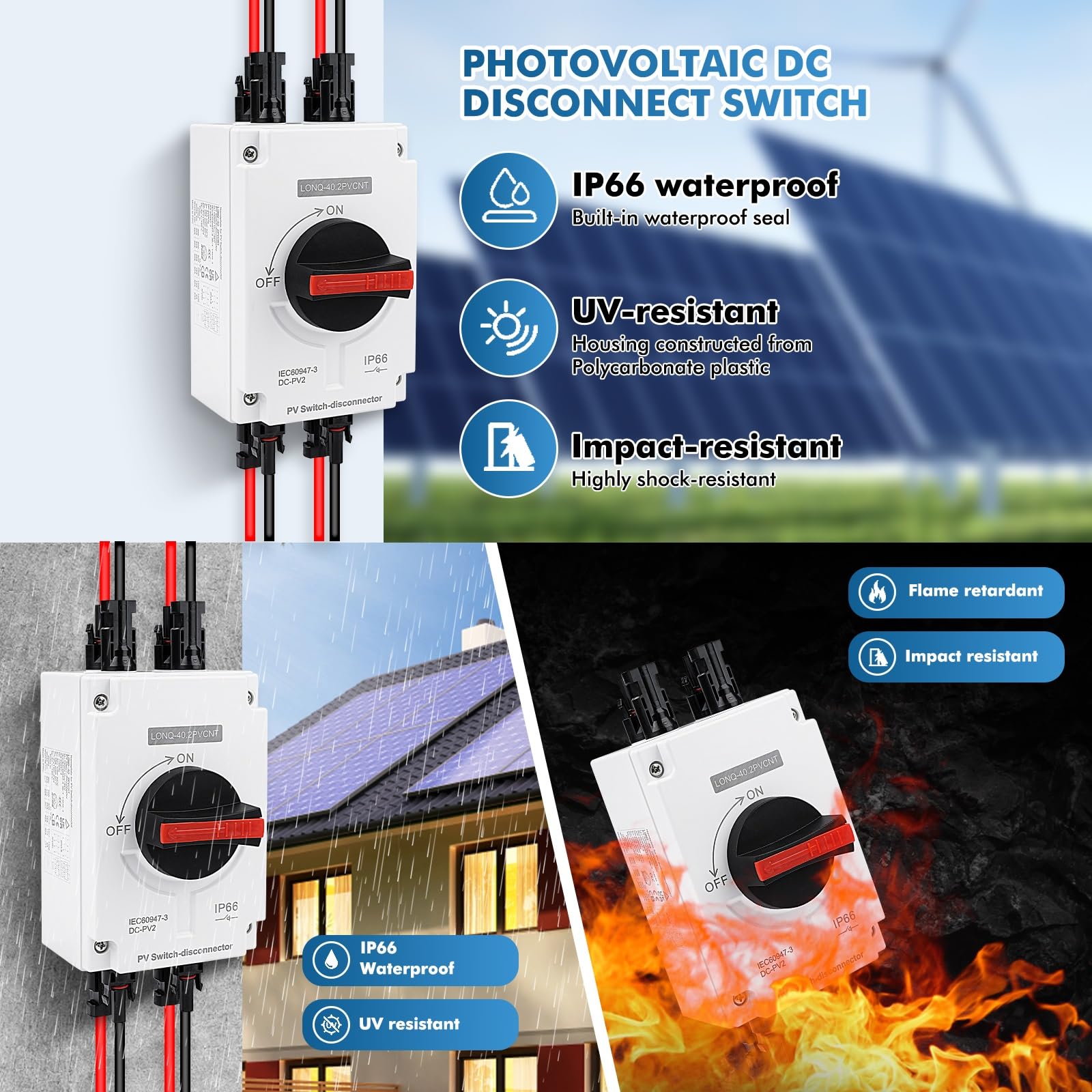 DEWIN Interruttore Isolatore CC 12～1200V 32A Sezionatore DC Fotovoltaico Interruttore di Isolamento Fotovoltaico (2 dentro 2 fuori)