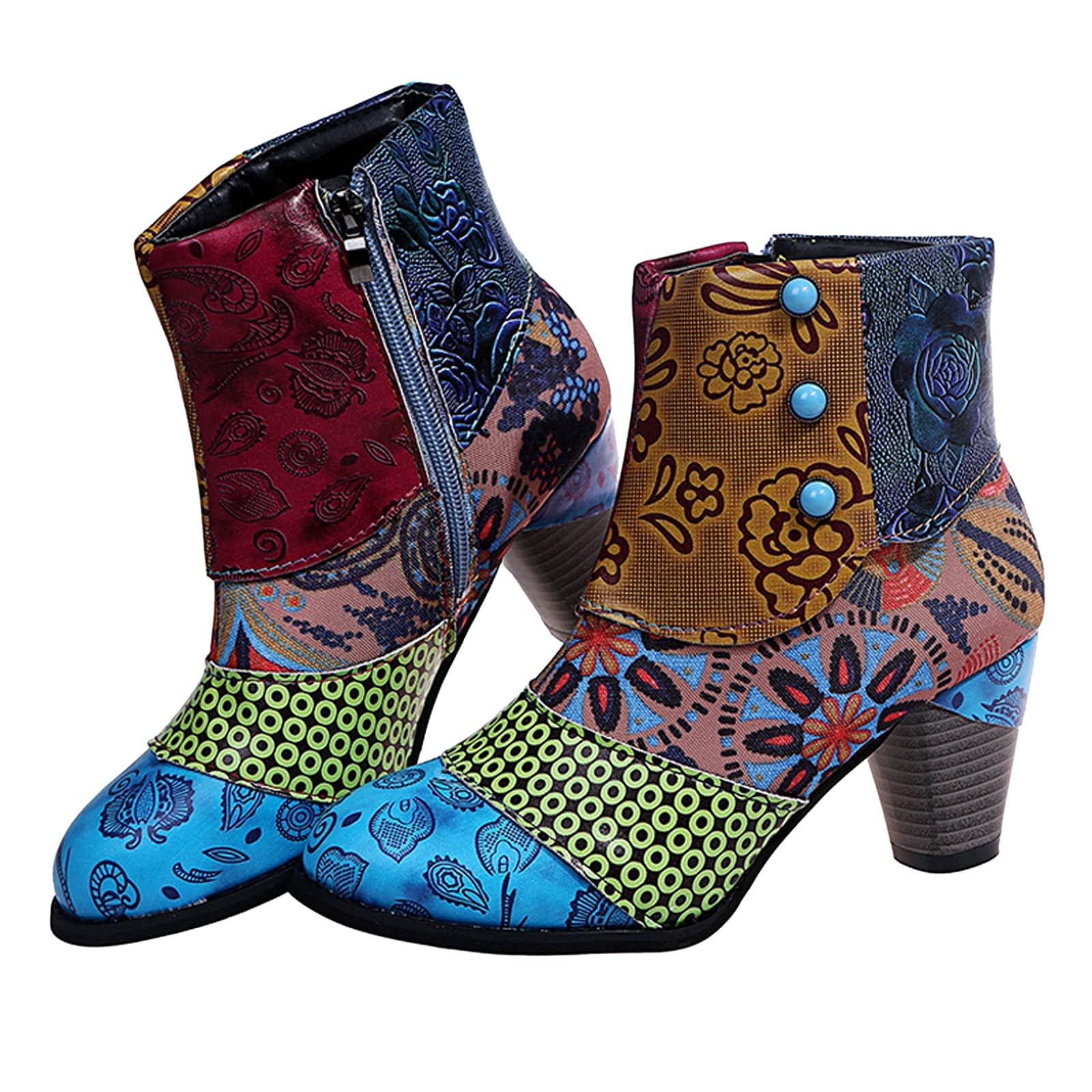 Hbeylia Western Ankle Boots for Women Vintage Ethnic Boho Print Chunky High Heels Dress Short Boots Fashion Leather
