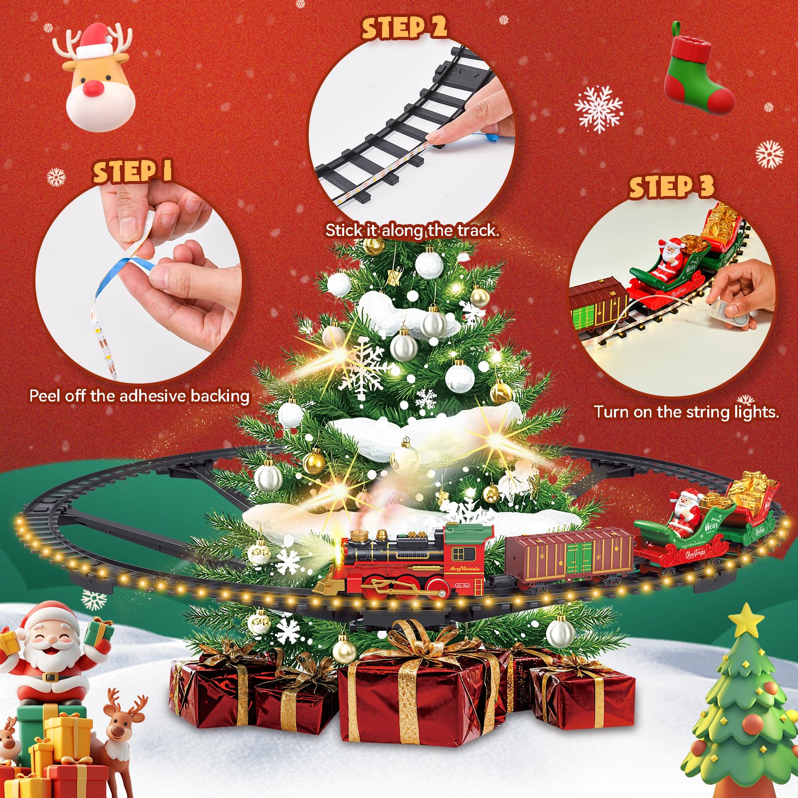 Tren Eléctrico de Navidad con Riel Luminoso - Tren Navideño para Árbol con Luces LED Cálidas, Spray y Sonido, Set Clásico de Trenes de Navidad para Niños 3 Años o Más - Regalo Mágico