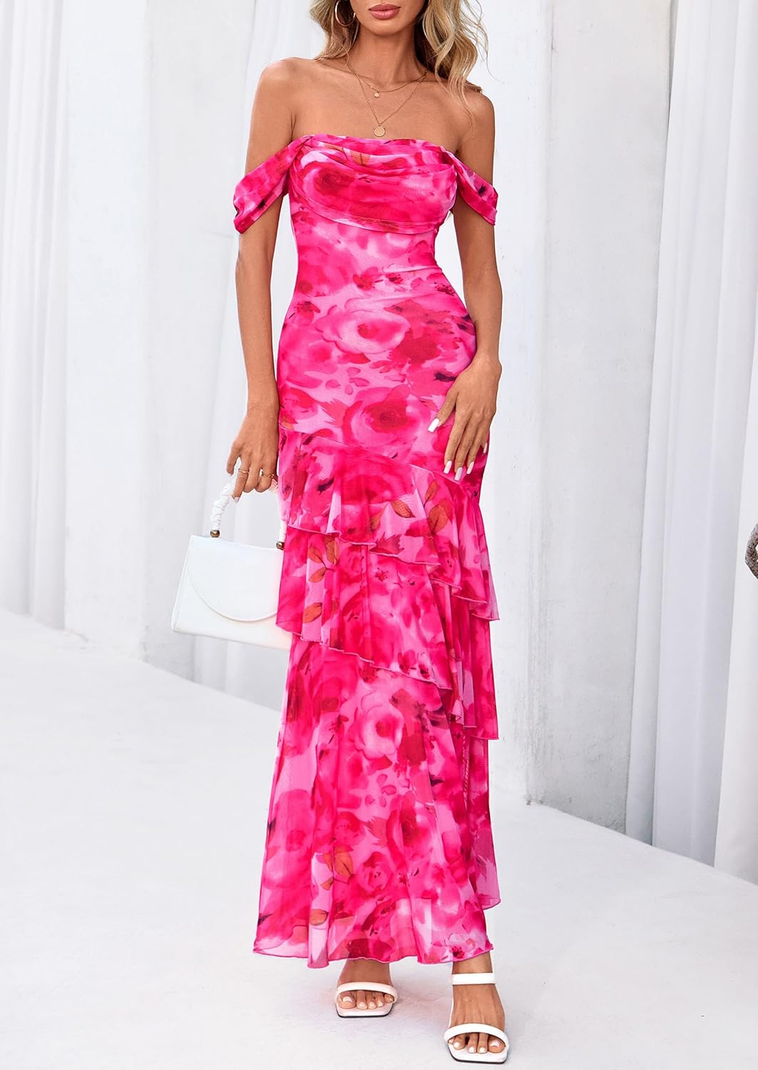 PRETTYGARDEN Women's Formal Cocktail Maxi Dresses 2026 Summer Off Shoulder Floral Mesh Bodycon Spring Wedding Guest Dress - Image 5