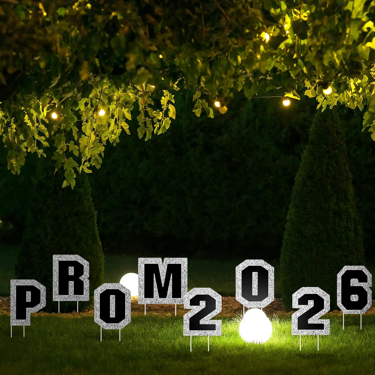 Amyhill 8 Pcs Large Prom 2026 Graduation Yard Signs, 15x15 Inch Letters Prom Night Graduation Decorations Outdoor Waterproof Lawn Sign College Class Party Favors Supplies(Black, Silver)