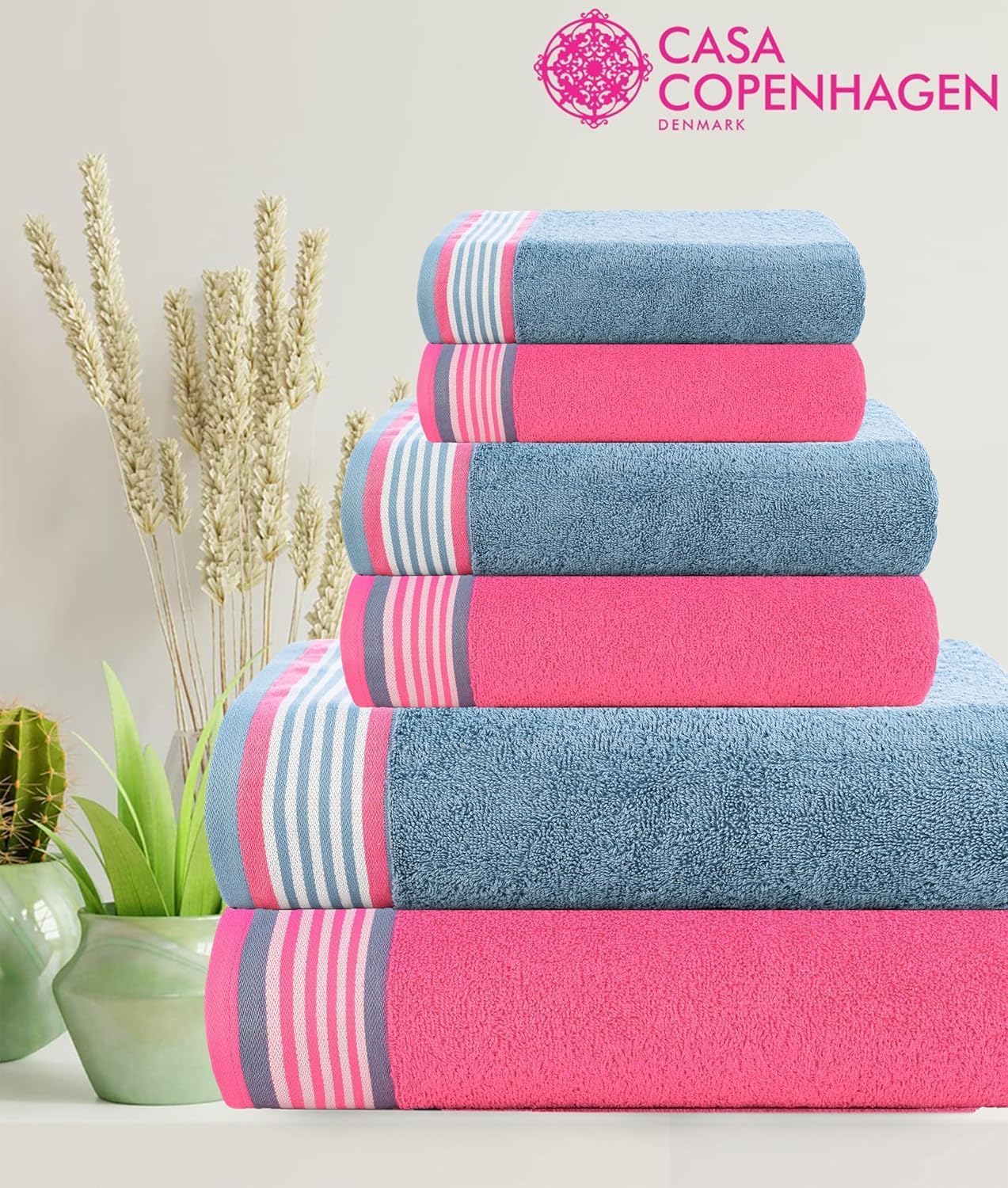 Casa Copenhagen 6-teiliges Badehandtuch-Geschenkset, 600g/m², Staubblau+Altrosa