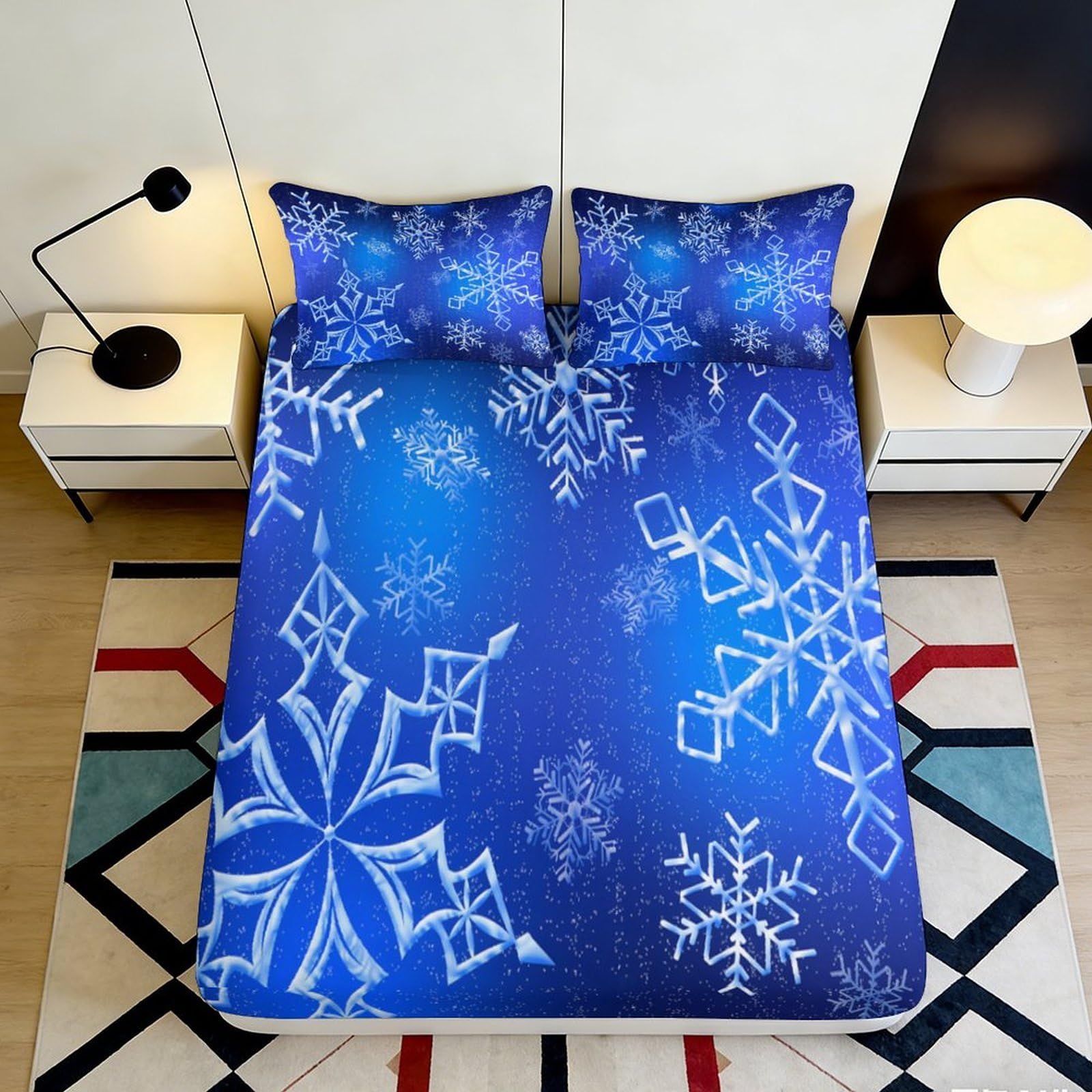 Jqzkxnhpbr Style-6 3D Printed Blue Snowflake Fitted Sheet Microfiber Soft Anti-Slip Nordic Winter Mattress Cover For Bedroom Guest Room Dorm Decor 90X200x25cm