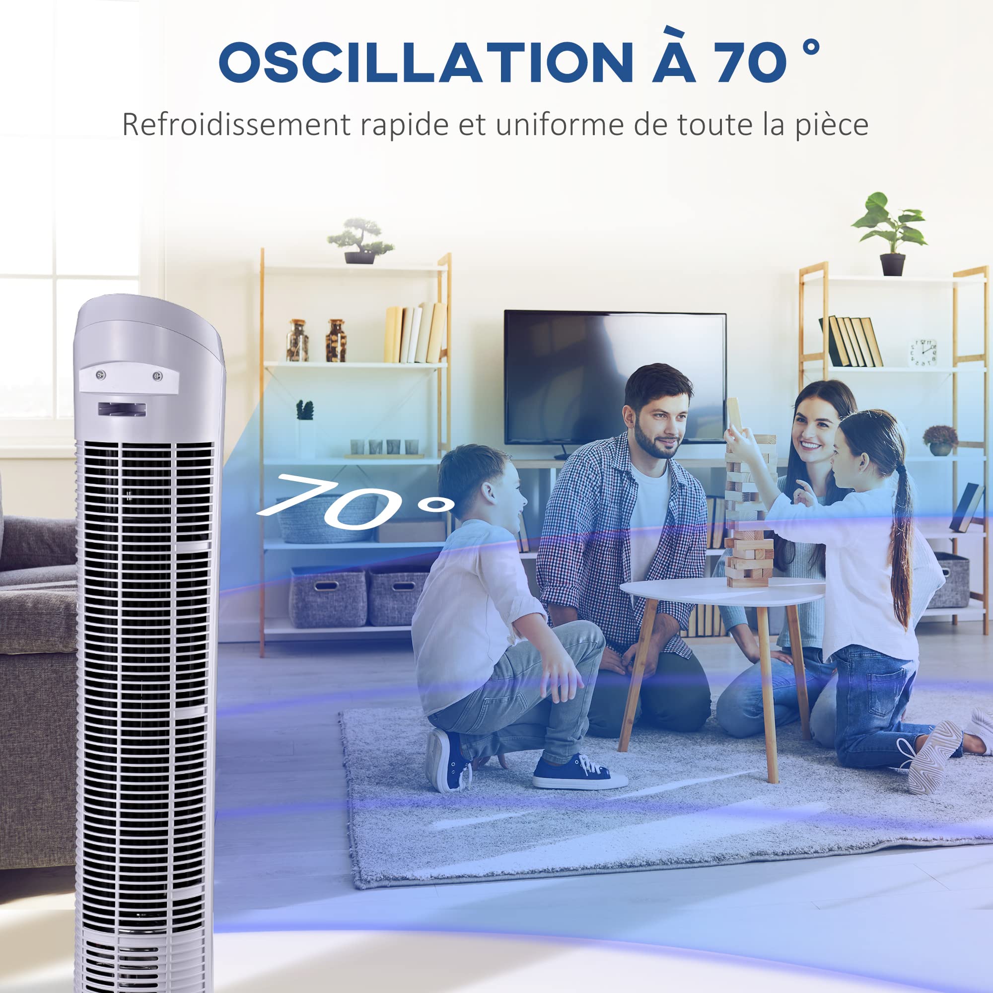 HOMCOM Ventilateur colonne silencieux et puissant 45W ventilateur tour 3 vitesses et oscillant 70°, pour chambre, bureau, 27 x 27 x 75 cm, blanc