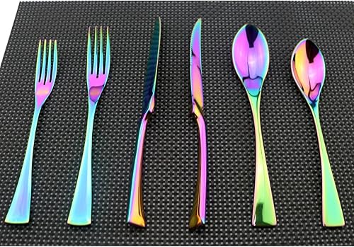Uniturcky Juego de cubiertos de acero inoxidable 1810 con espejo pulido de arco iris colorido Juego de cubiertos de cuchillo dentado, cuchillo de