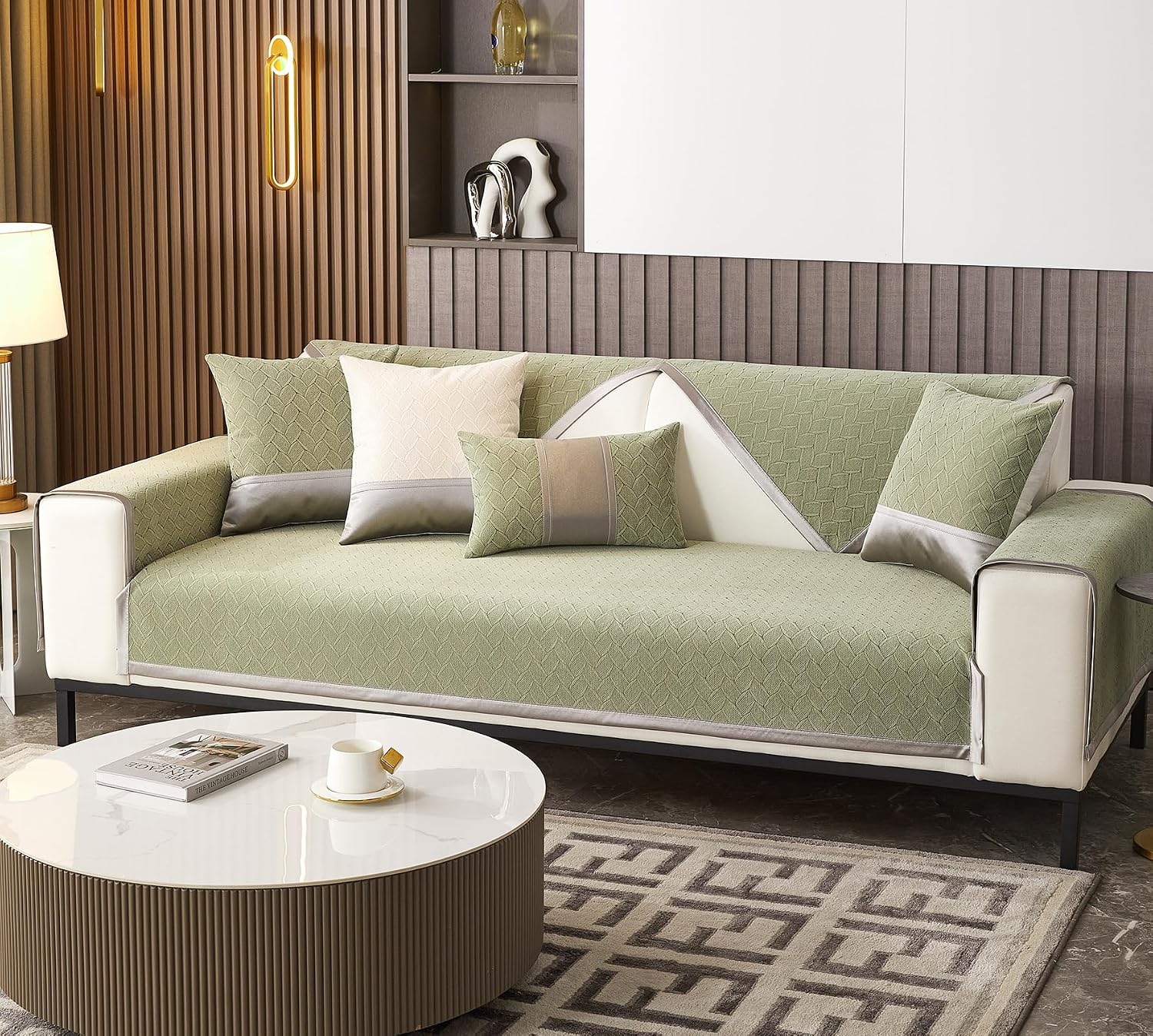 Luxury Chenille Color Contrast Sofa Cover Leaf Pattern Sofa Slipcover Soft Sectional Couch Cover Non-Slip Sofa Slipcovers Washable Furniture Protector for Pet Kids (Khaki,28"x82")