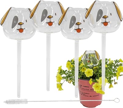Aqua Glass Plant Watering Globes Automatic Self Watering Plant Insert Spike Orbs - Indoor Outdoor Plant Drip Irrigation - For Flowers, Herbs, Houseplants Puppy Dog Globes, 4, Units