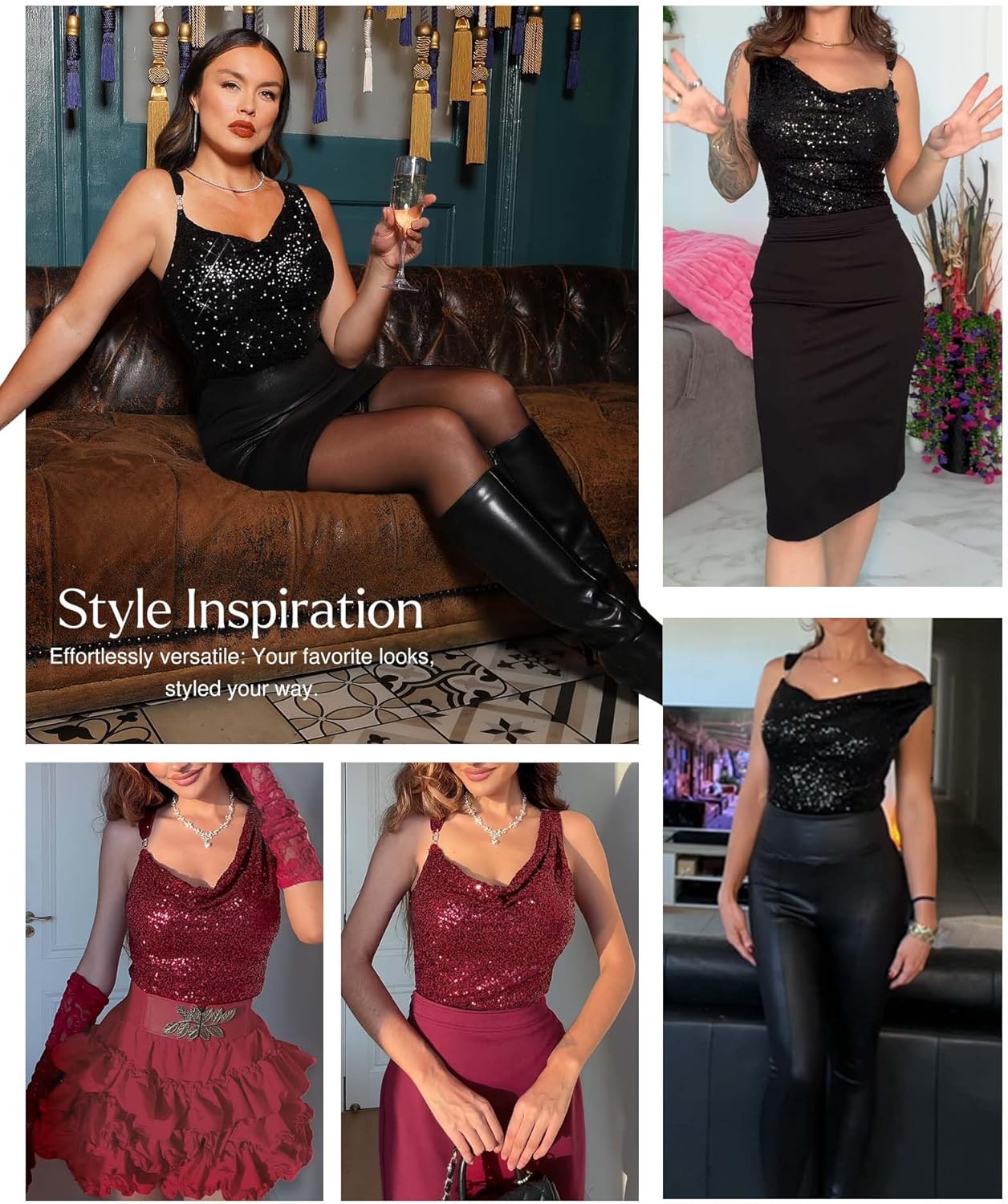 Popilush Shapewear for Women Sequin Cowl Neck Chain Tummy Control Sparkly Body Shaper Sexy Body Suit Going Out Party Top