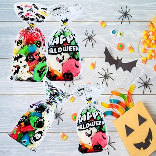 Miniatura 5 de MOLIDA 150 bolsas de celofán de Halloween, bolsas de plástico transparente para galletas con lazos giratorios para regalos de fiesta de Halloween