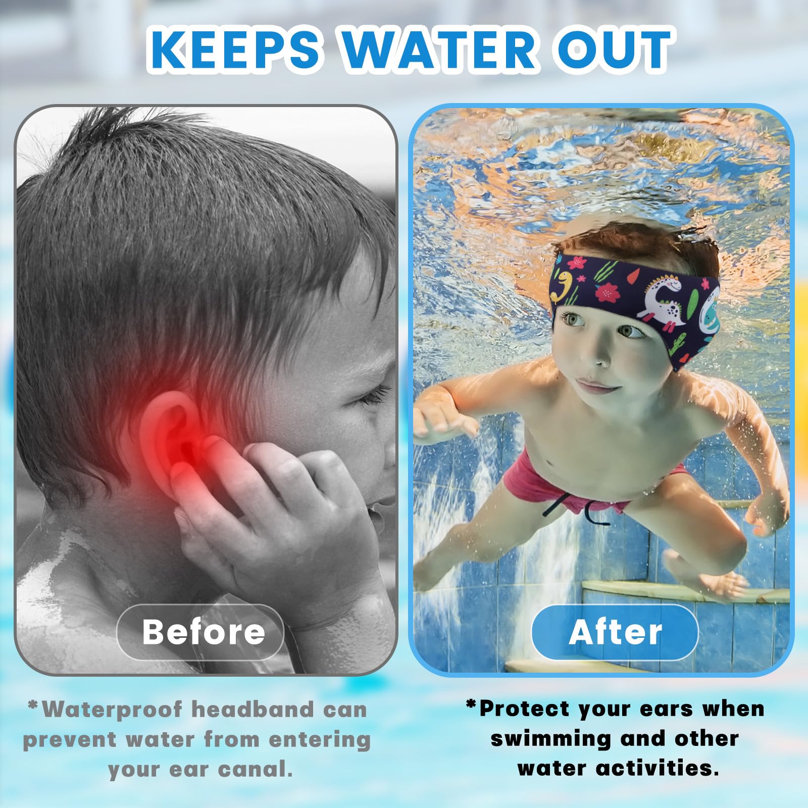 Bandeau de Natation Enfant, Bandeau Élastique avec avec Bouchons d'Oreille de Protection pour la Natation et Autres Sports Nautiques (Rose Bonbon, L)
