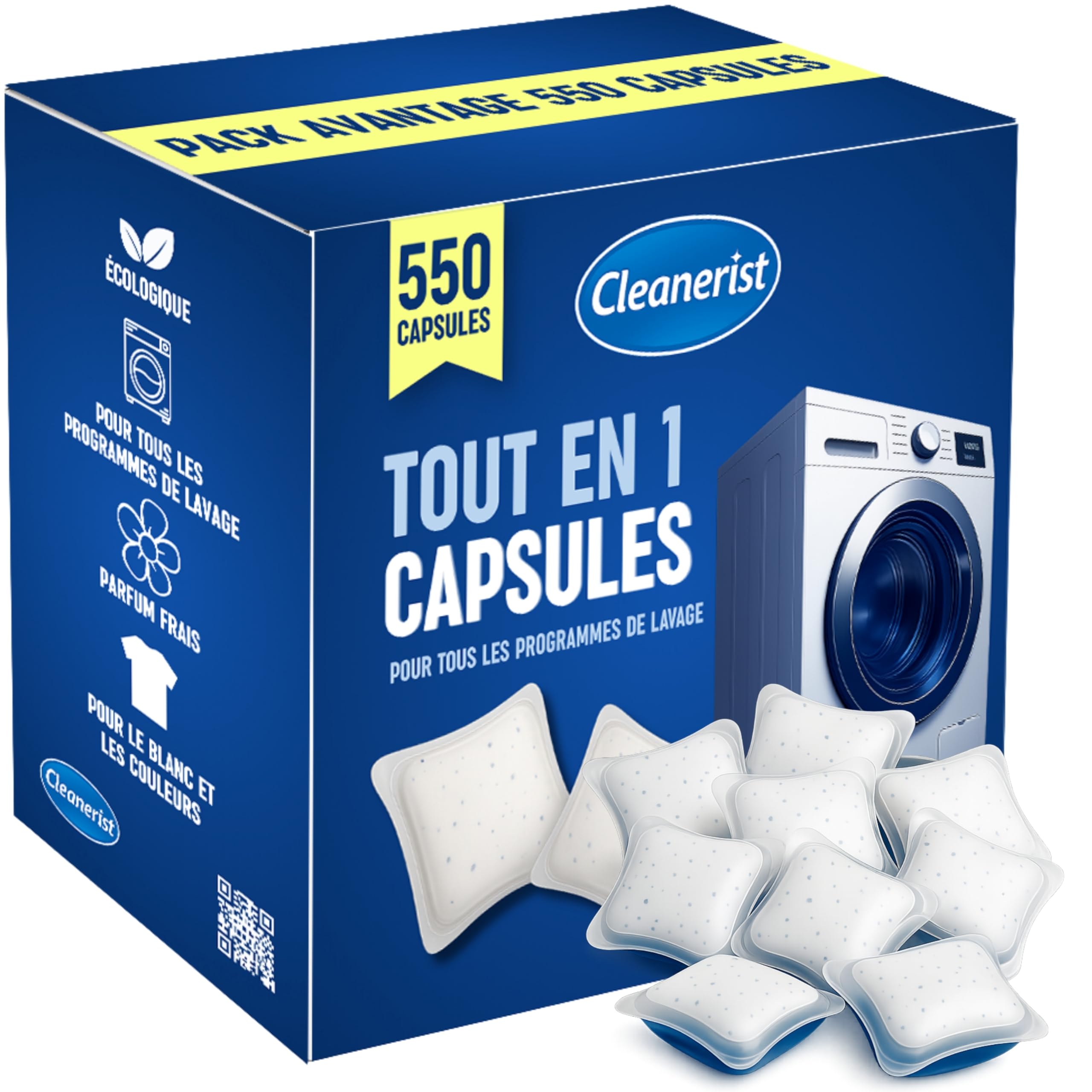 Cleanerist - Lessive en capsules tout-en-1 – 550 lavages (550 pods / 10 kg) – lessive universelle pour blanc, couleurs et linge clair – poudre soluble rapide – parfum frais
