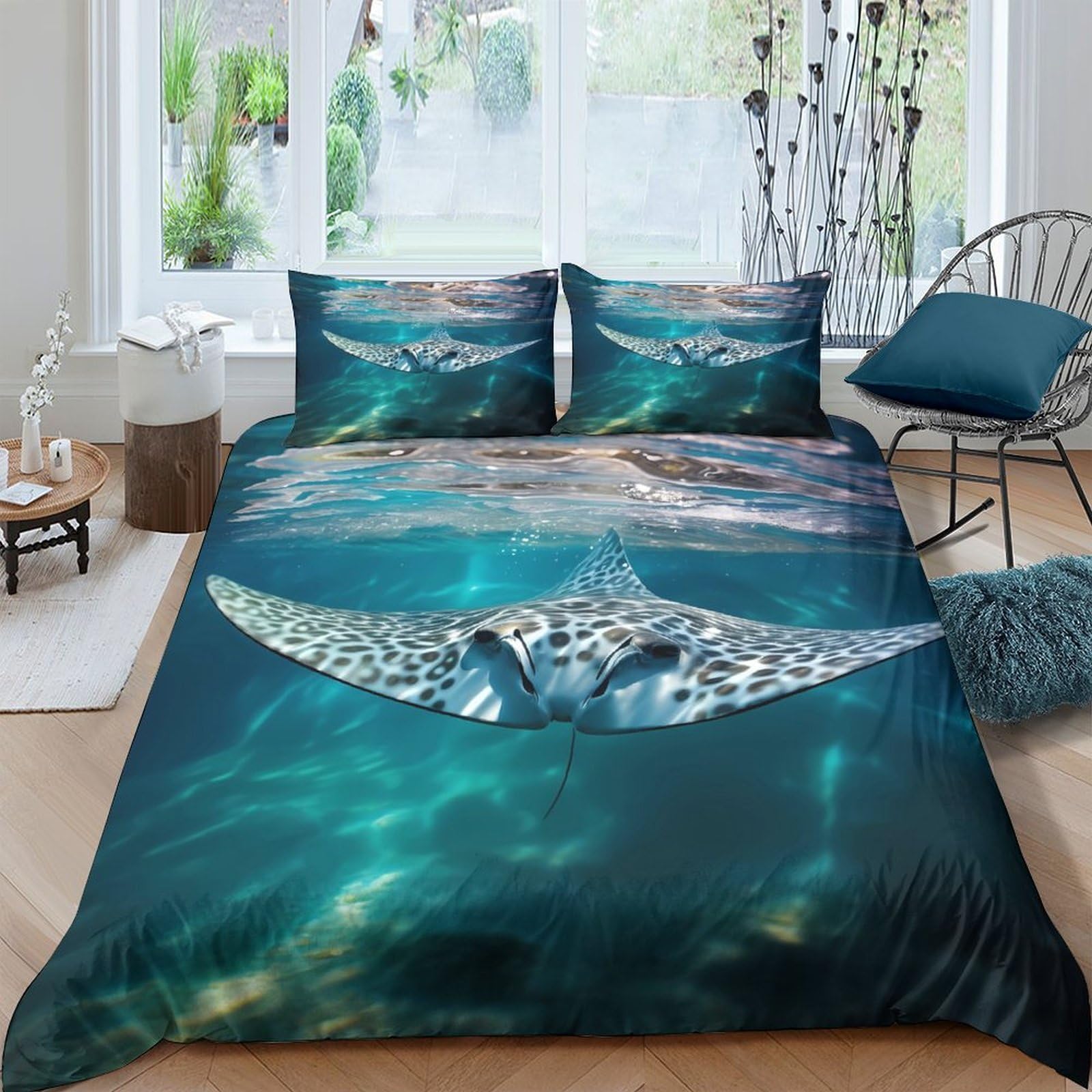 Ctjqhvkz Style-9 3D Printed Ocean Manta Ray Fitted Sheet Microfiber Soft Blue Water Mattress Cover For Bedroom Dorm Decor Single（135X200cm）