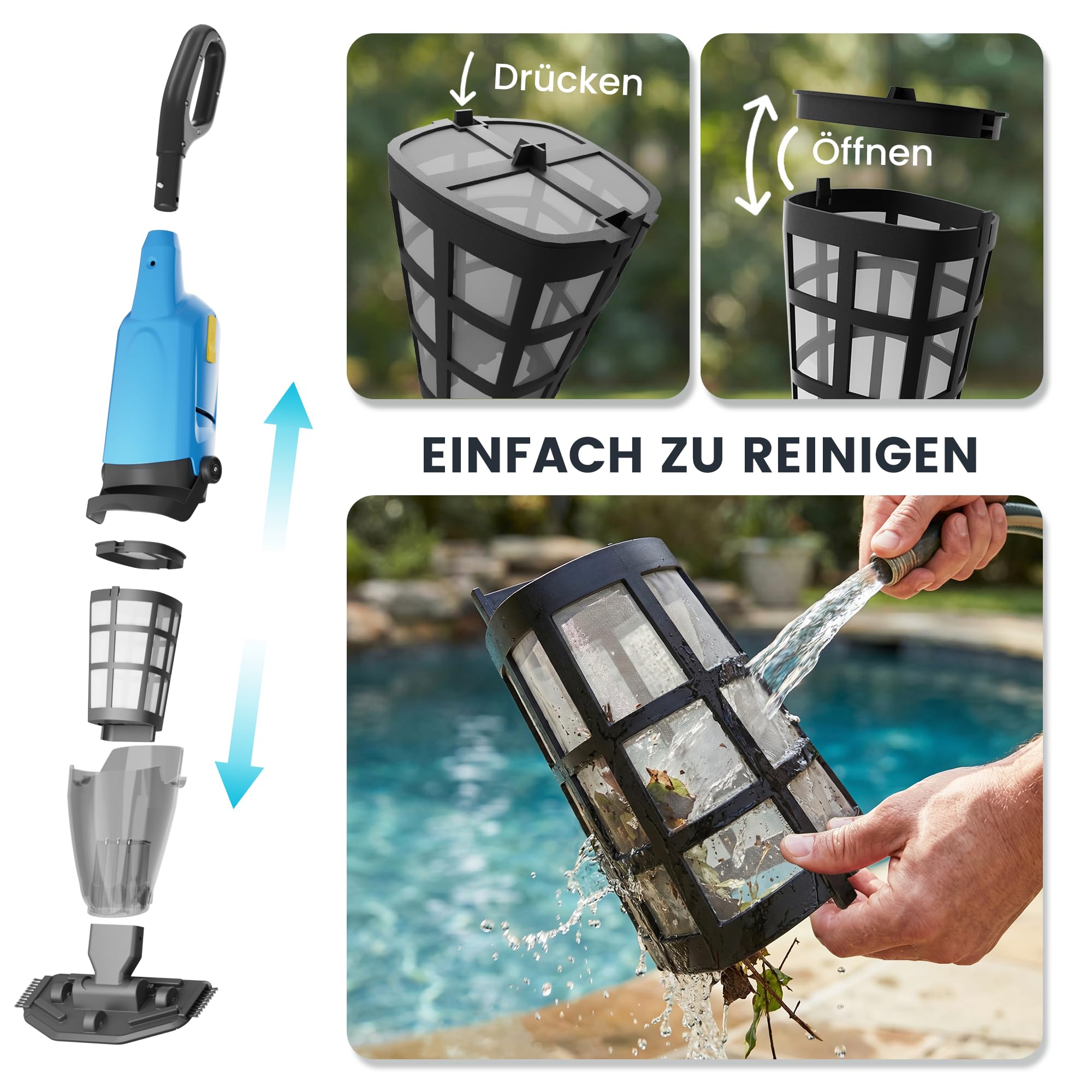 Poolsauger Akku, Pool Bodensauger mit Betriebsdauer bis zu 60-90 Minuten, 160 cm Teleskopstange, Poolreiniger mit 4 Filtern, Absaugung bis zu 4088 L/h, Ideal für oberirdische Pools/Spas Whirlpool