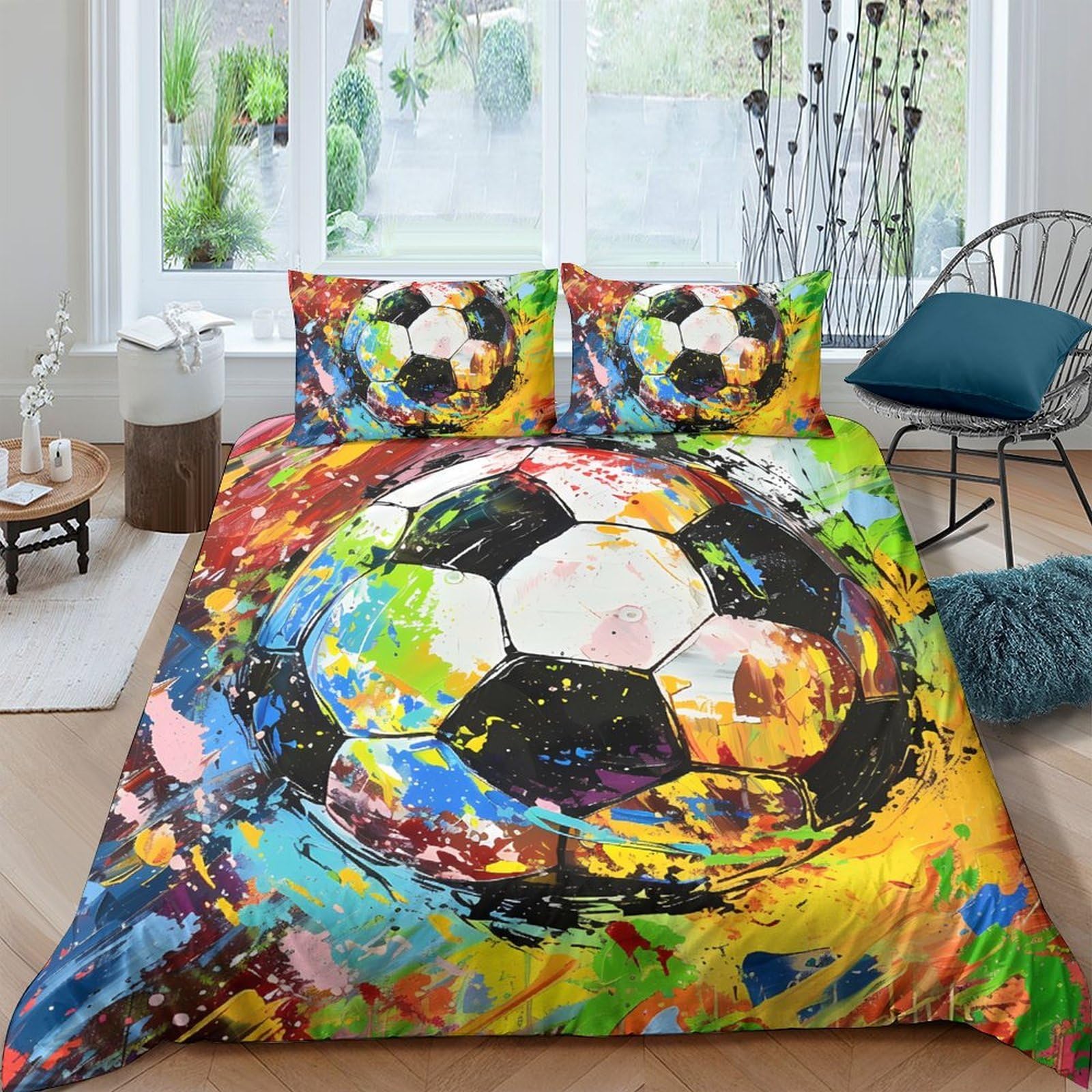 Ctjqhvkz Style-2 3D Printed Colorful Soccer Fitted Sheet Microfiber Art Splash Bed Cover For Bedroom Guest Room Mattress Protection Single（135X200cm）