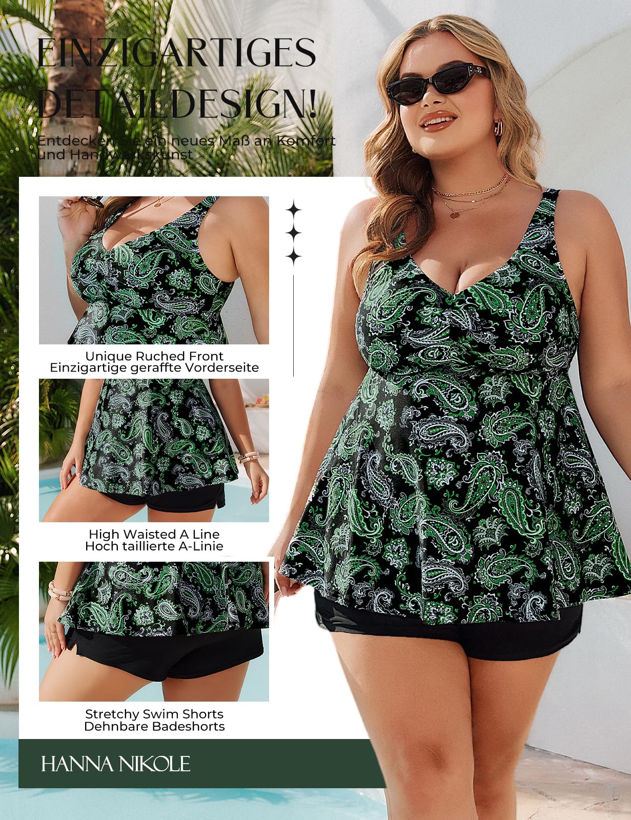 Hanna Nikole Damskie zestawy tankini plus size, 2-częściowe stroje kąpielowe z kontrolą brzucha, stroje kąpielowe z nadrukiem w linii A, szorty z kieszenią