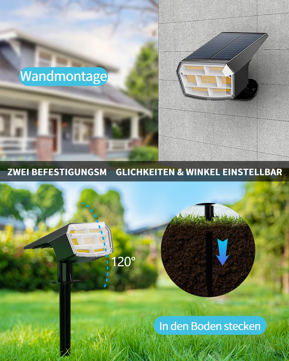 HIBOITEC 59 luci solari a LED per esterni, 6000 K, luce bianca, 6 pezzi, IP65, impermeabile, per esterni, luminosità regolabile