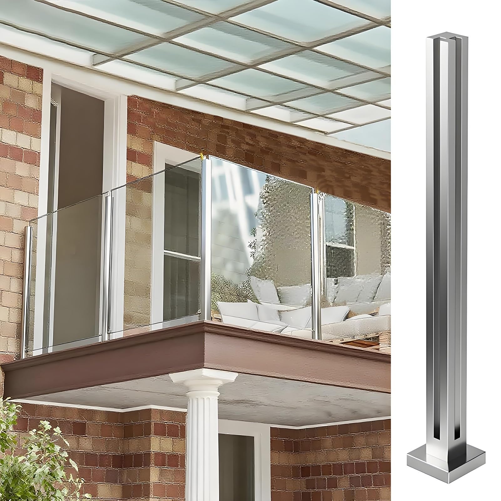 Glass Railing Post for 8-12mm Glass, 304 Stainless Steel Silver Balustrade Posts, Indoor & Outdoor Balustrade, Villas Balcony, Deck, Pool(Corner Post,45.3in/115cm)