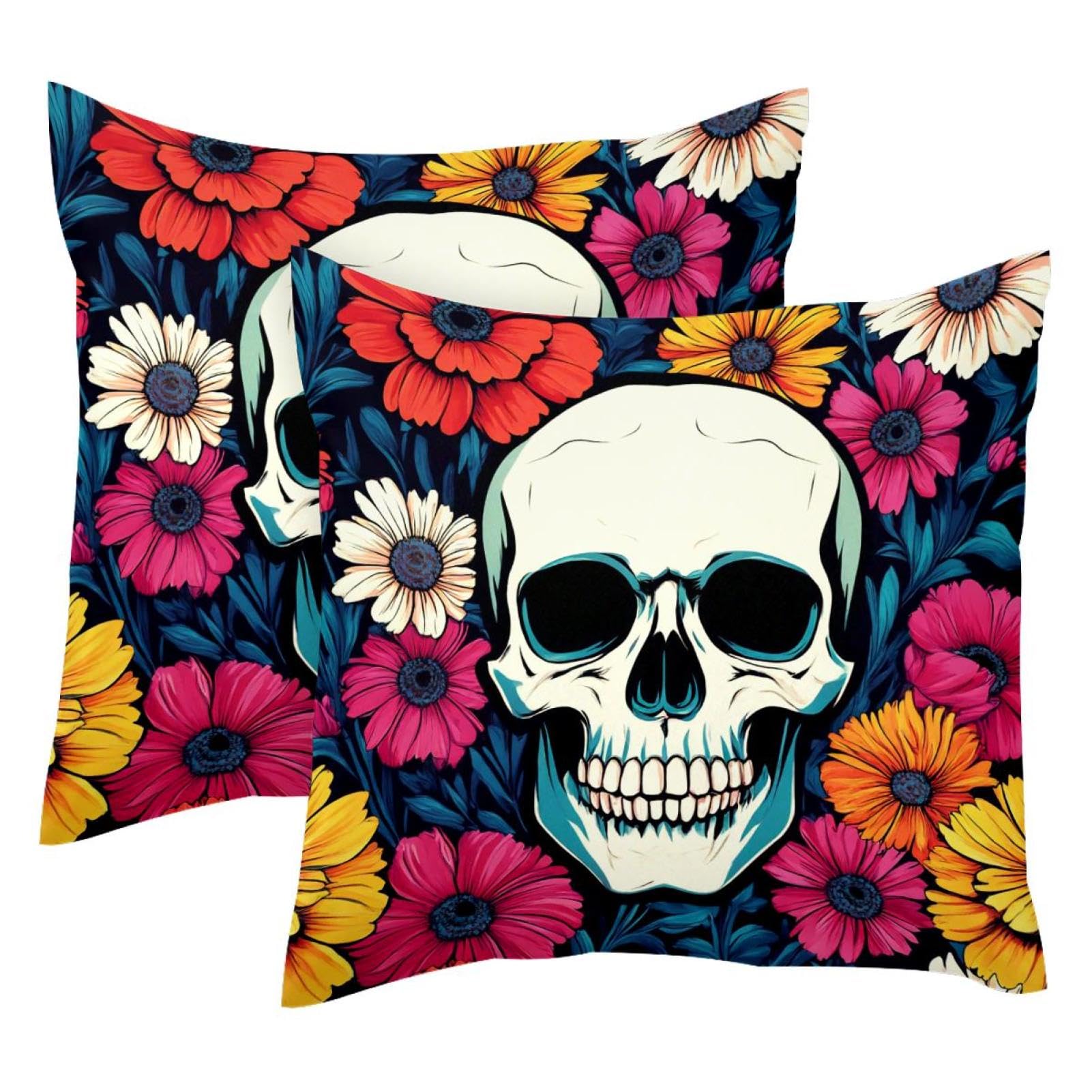Housse de coussin velours 50x50 motif floral crâne lot de 2 taies déco salon