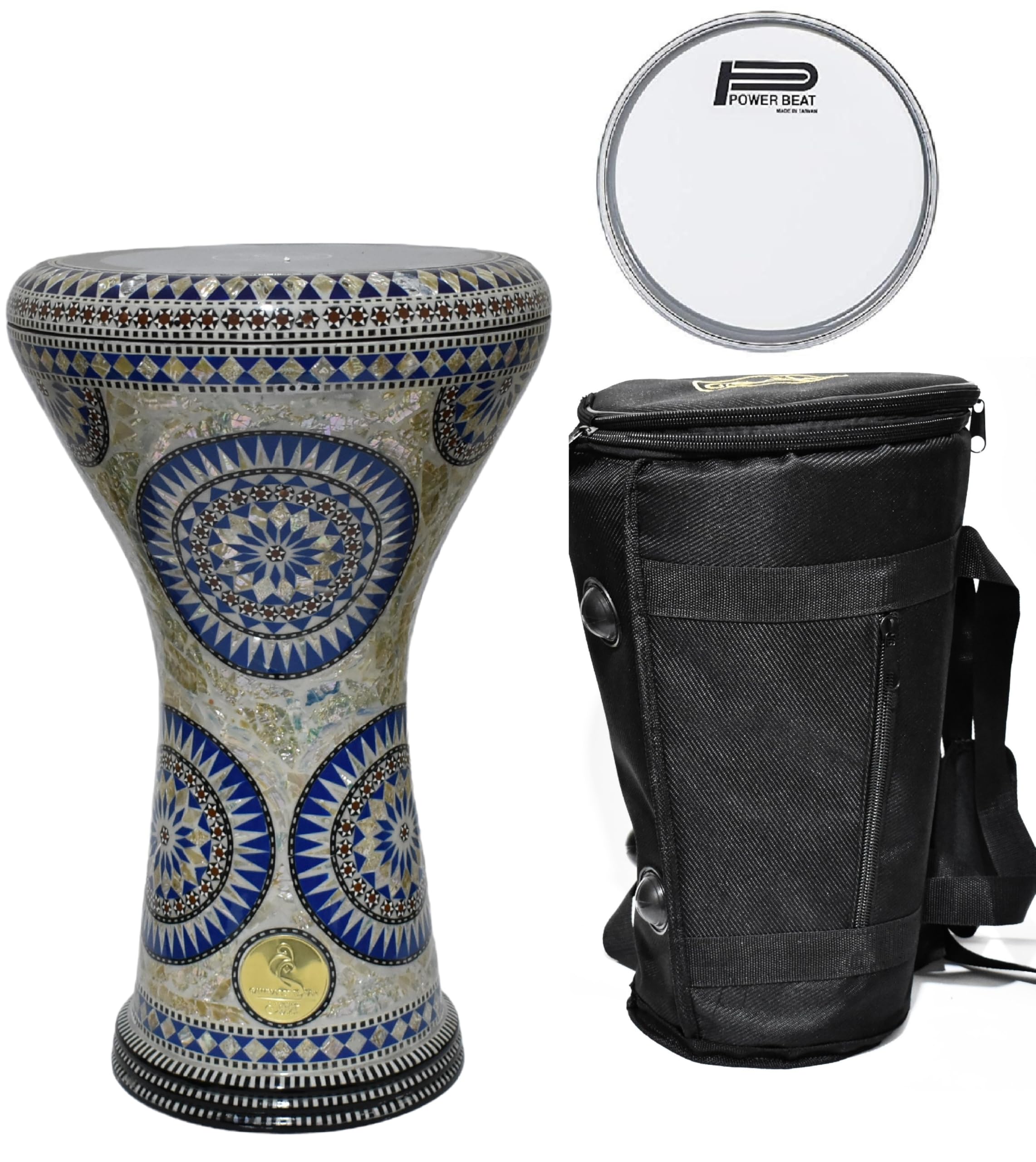 Egyptian Darbuka Drum 17/17.5 inch Arabic Doumbek – Mother of Pearl Inlaid Tabla – with Original Carrying Case and extra Power Beat Skin Head (Blue Nile)