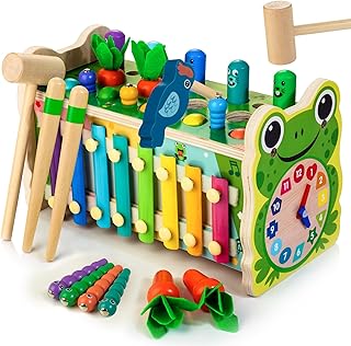 6 in 1 Wooden Montessori Toys for 1 Year Old Whack a Mole Game Hammering Pounding Toy with Xylophone Carrot Harvest Game Learning Developmental Toys Toddler Activities Gift Ages 1 2 3 4