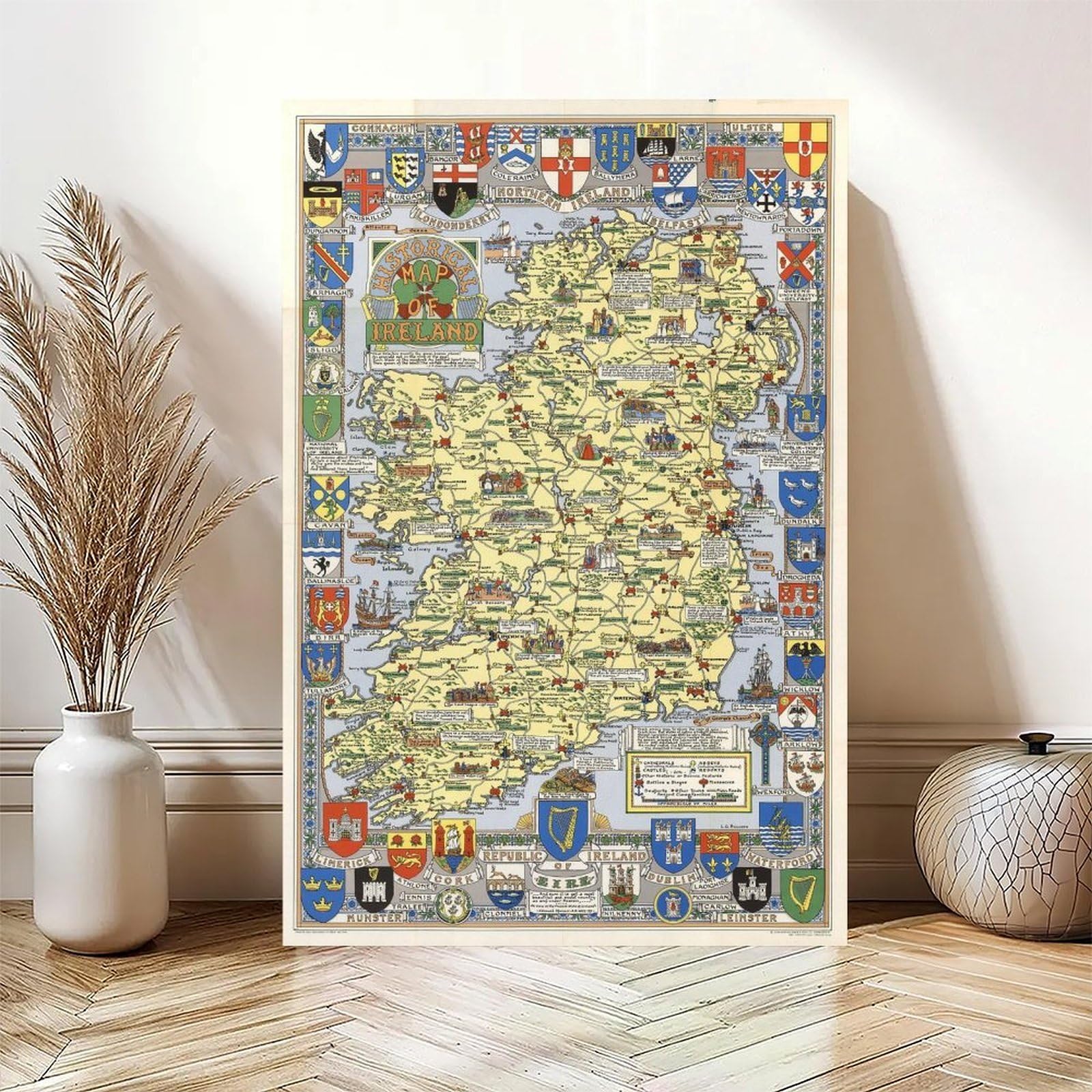 Mapa histórico de la historia de Irlanda, póster artístico de mapa irlandés y arte de pared, marco moderno para decoración de dormitorio familiar, 30 x 45 cm