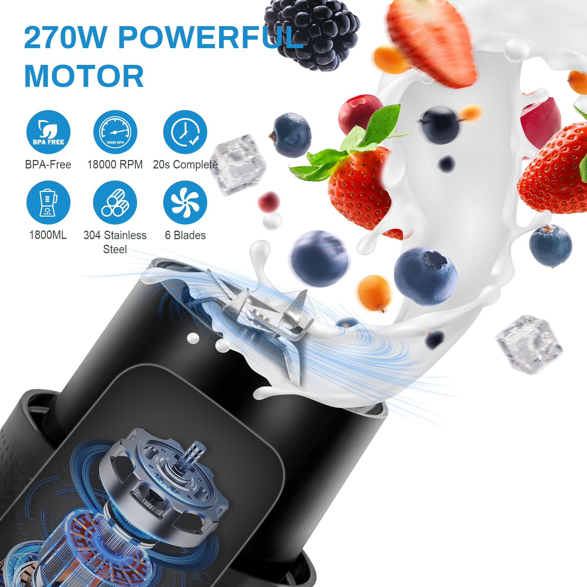 Batidora portátil para batidos y batidos de 1800 ml, licuadora personal recargable con tapa de viaje para cocina, 4000 mAh, taza de licuadora impermeable con seis cuchillas para