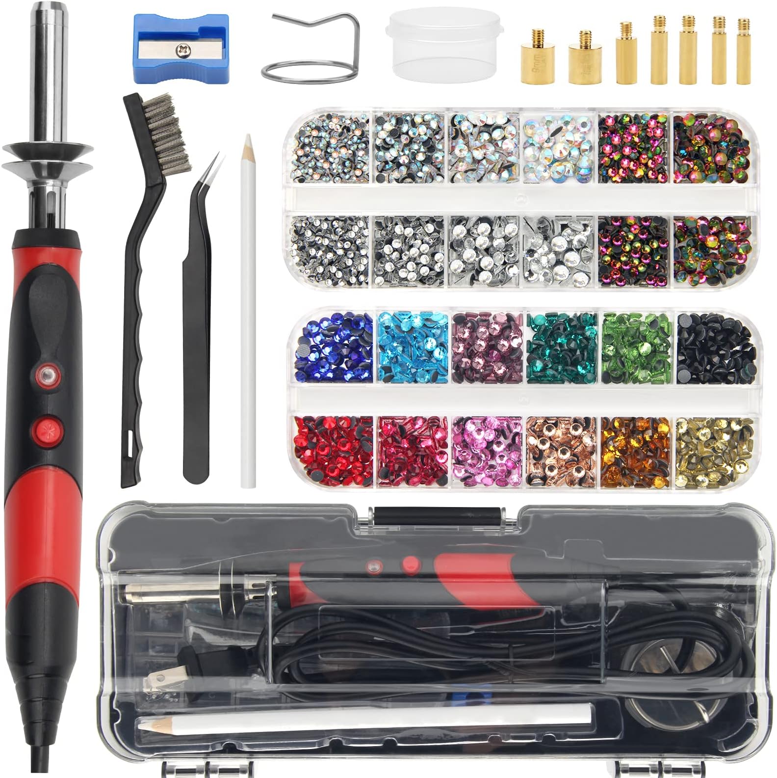 Catcan Hotfix Applicator Tool, Hotfix Rhinestones Applicator Bedazzler Kit with 2 Boxes AB Crystal Rhinestones Picker Tool, 7 Tips/Tweezers/Pencil/Brush DIY for Crafts