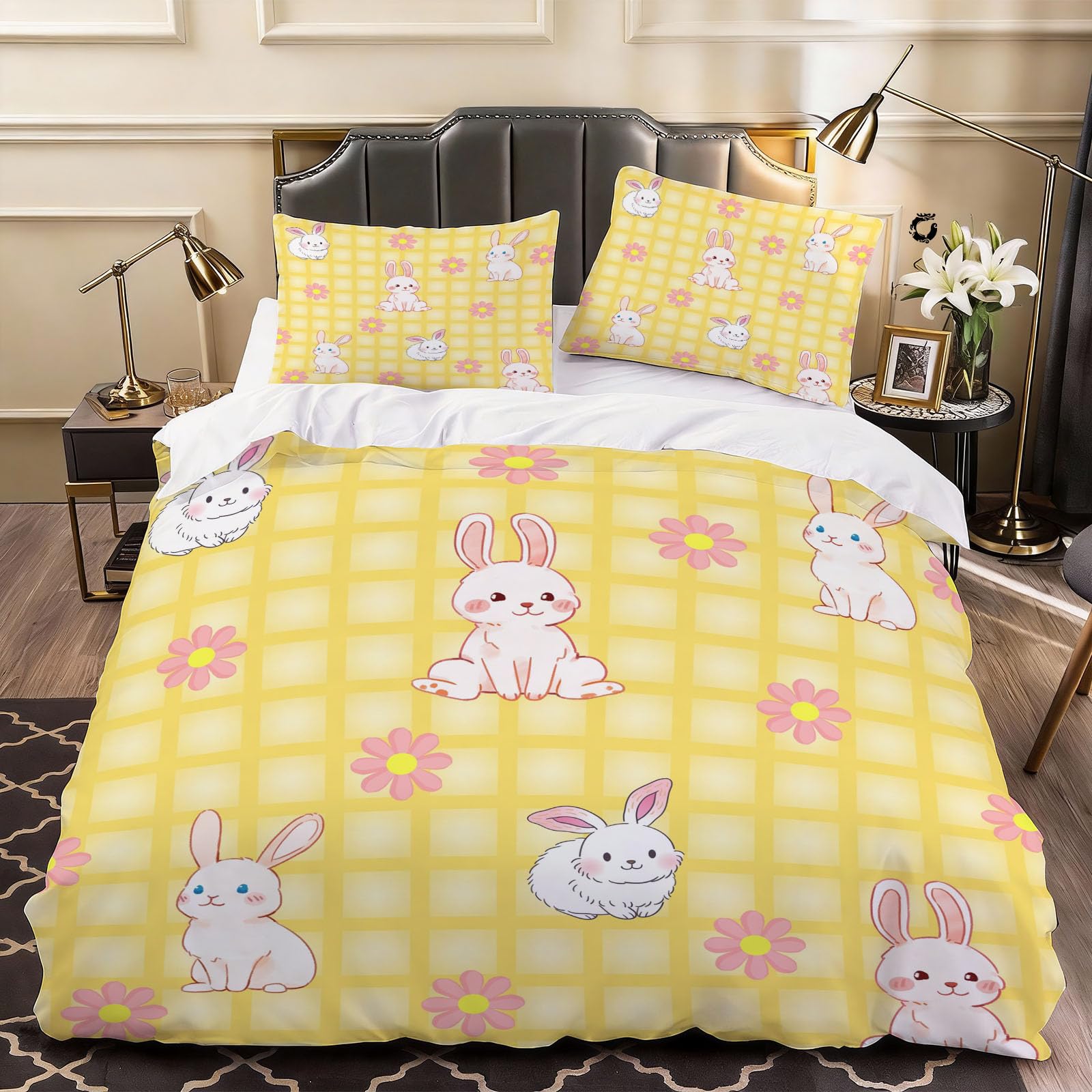 3D Cartoon Rabbit Duvet Cover Child Teen Bedding Double Bed Set, Soft Microfiber Comforter Cover Printed with Zipper Closure Quilt Coverr 200x200 cm and 2 Pillowcases