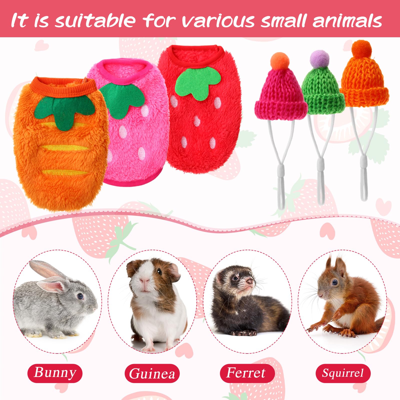 10 piezas de ropa de conejillo de indias y 10 mini sombreros con correa ajustable, ropa de conejo, chaleco cálido de animales pequeños, ropa de disfraz para mascotas, sombrero de punto con