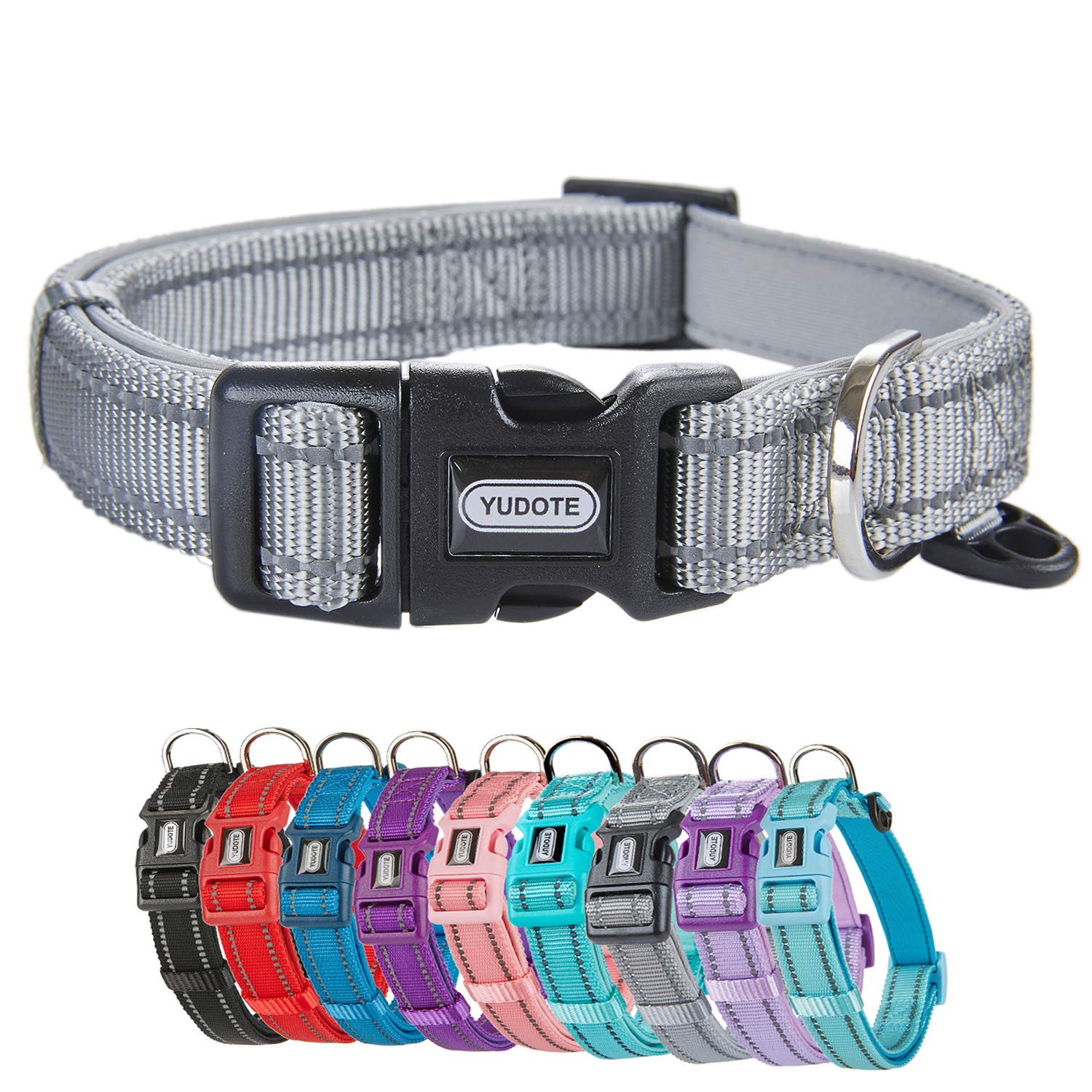 YUDOTE Collare per cani medio e resistente tessuto in nylon riflettente con fodera imbottita in neoprene morbido e confortevole per cani di medio Uso quotidiano,Grigio