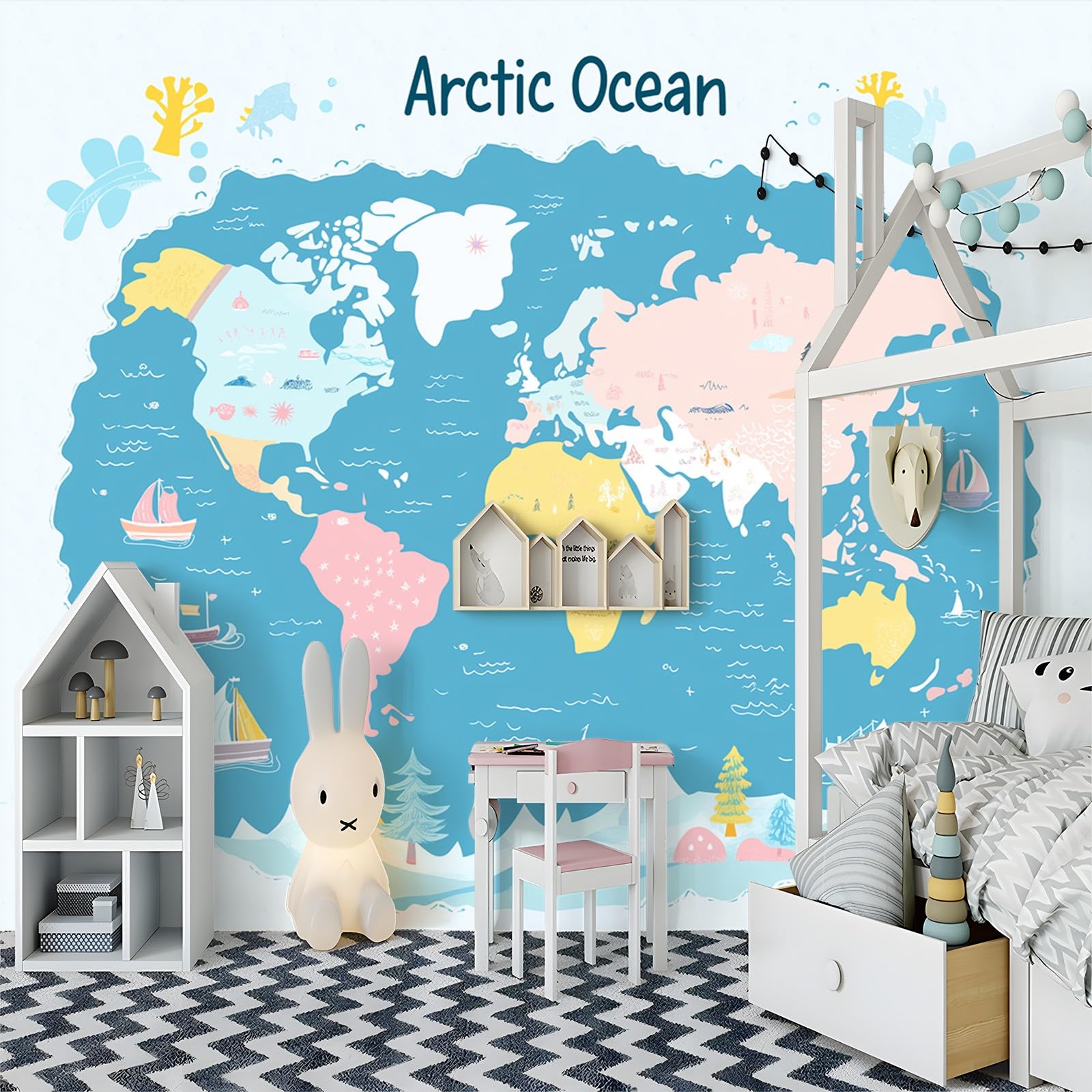 Fototapeta z motywem z kreskówki, mapa świata, tapeta ścienna, 350 x 256 cm, fototapeta do sypialni, salonu, biura, dekoracja ścienna, jasnoniebieska, plakat 3D, tapeta z włókniny