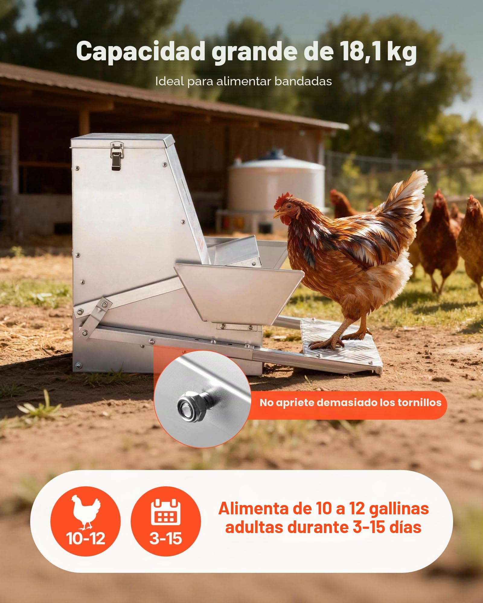 VEVOR Comedero automático, capacidad de 18 kg, resistente a la lluvia, con pedal y tapa con cerradura, Sin desperdicio, acero galvanizado, para pollos, gallinas enanas, aves de corral y faisanes