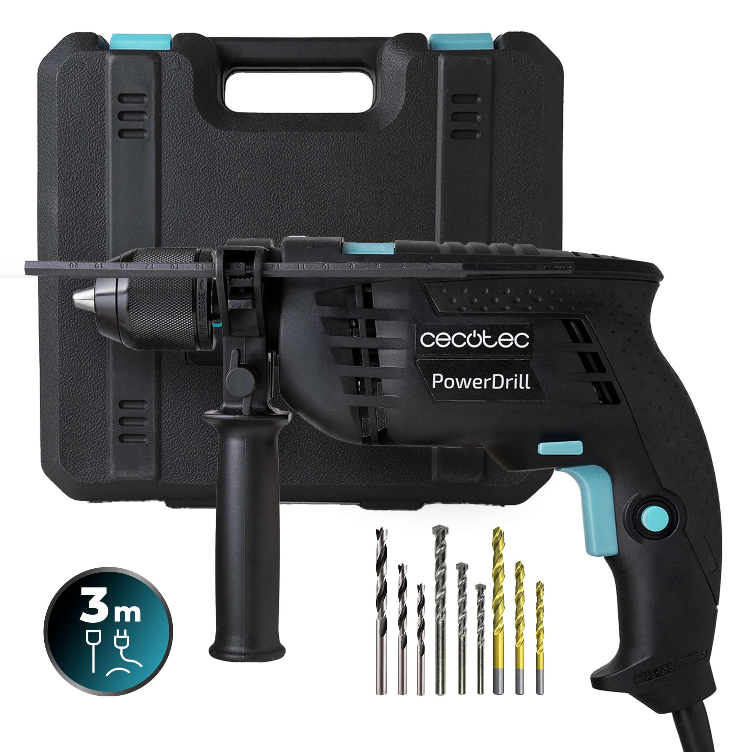 Cecotec Electric Hammer Drill PowerDrill 850 EasyAdjust. 850W, 46000 impacts per minute, 4800 rpm, Extra long cable 3 m, Keyless chuck chuck 13 mm diameter, Fully equipped