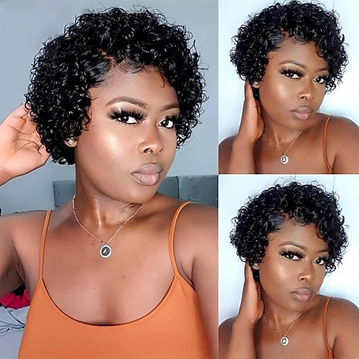 6" Pixie Cut Wig Human Hair, Short Curly 13×1 Lace Front Human Hair Wigs for Black Women, Natural Black Color Layered Breathable Pixie Wig Natural Black 6 Inch