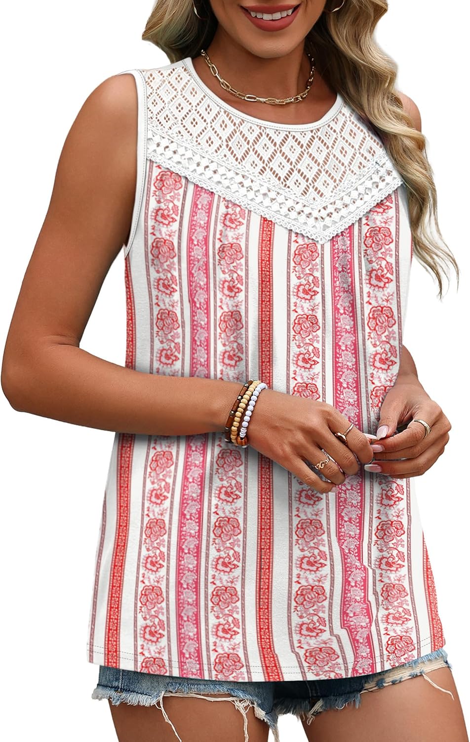 XIEERDUO Womens Tank Tops Sleeveless Lace Crochet Boho Tops Loose Fit Pleated Tunics Crewneck Summer Vacation Outfits Flowy - Image 3