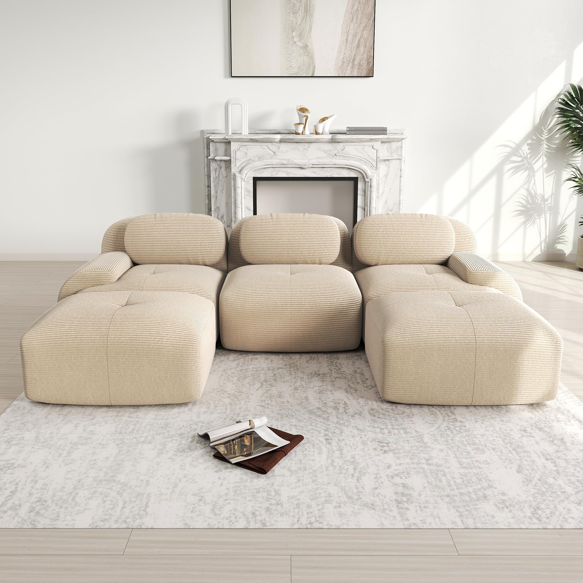 Sofá modular en U de pana sin montaje beige para salón y oficina