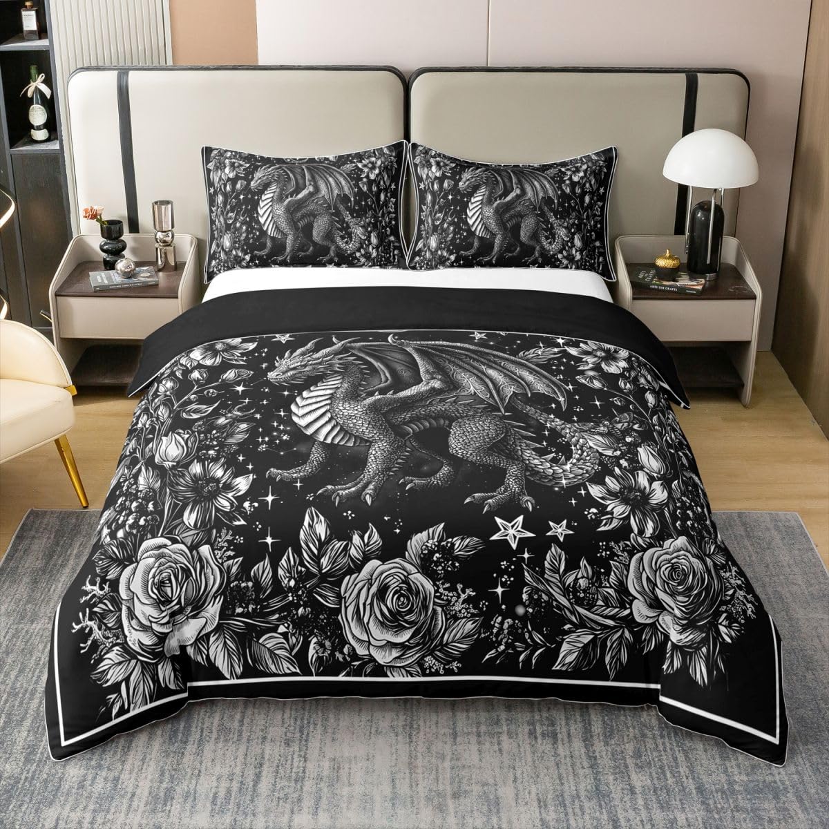 Drache Baumwolle Bettwäsche Set 135x200cm Personalisierte Drache Bettwäsche-Set Atmungsaktiver weiche Wilde Tier Thema Bettbezug Set 2Stück Rose Schlafzimmer Dekoration Mond