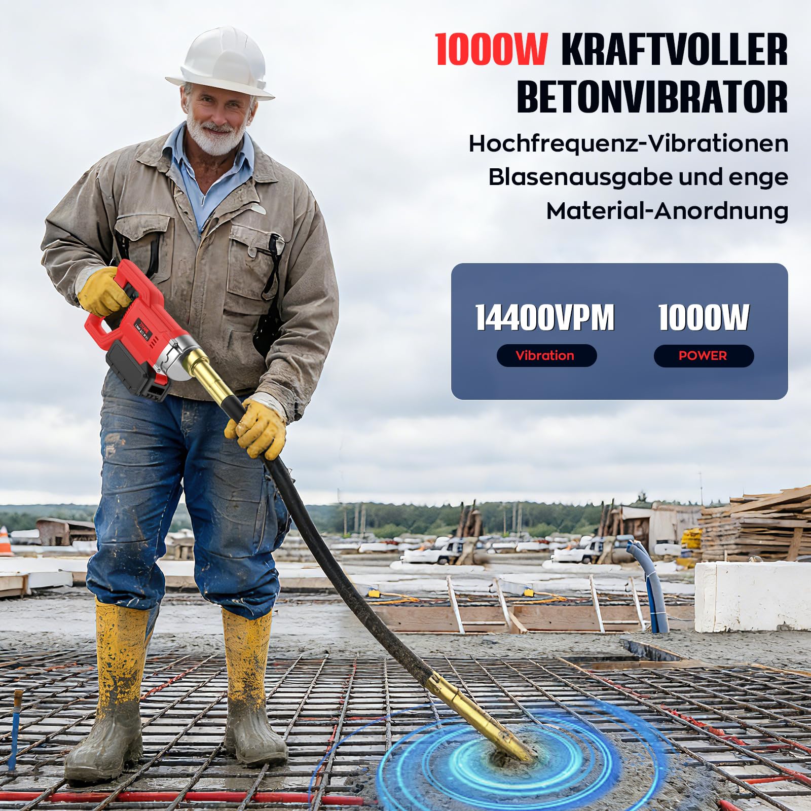 IMAYCC 21V Vibratore per Calcestruzzo Senza Cavo, Senza Spazzole Vibratore da Costruzione Elettrico 3980giri/min, Lunghezza asta Vibrante 1.5M, per Strade Tunnel Ponti (Senza Batterie）