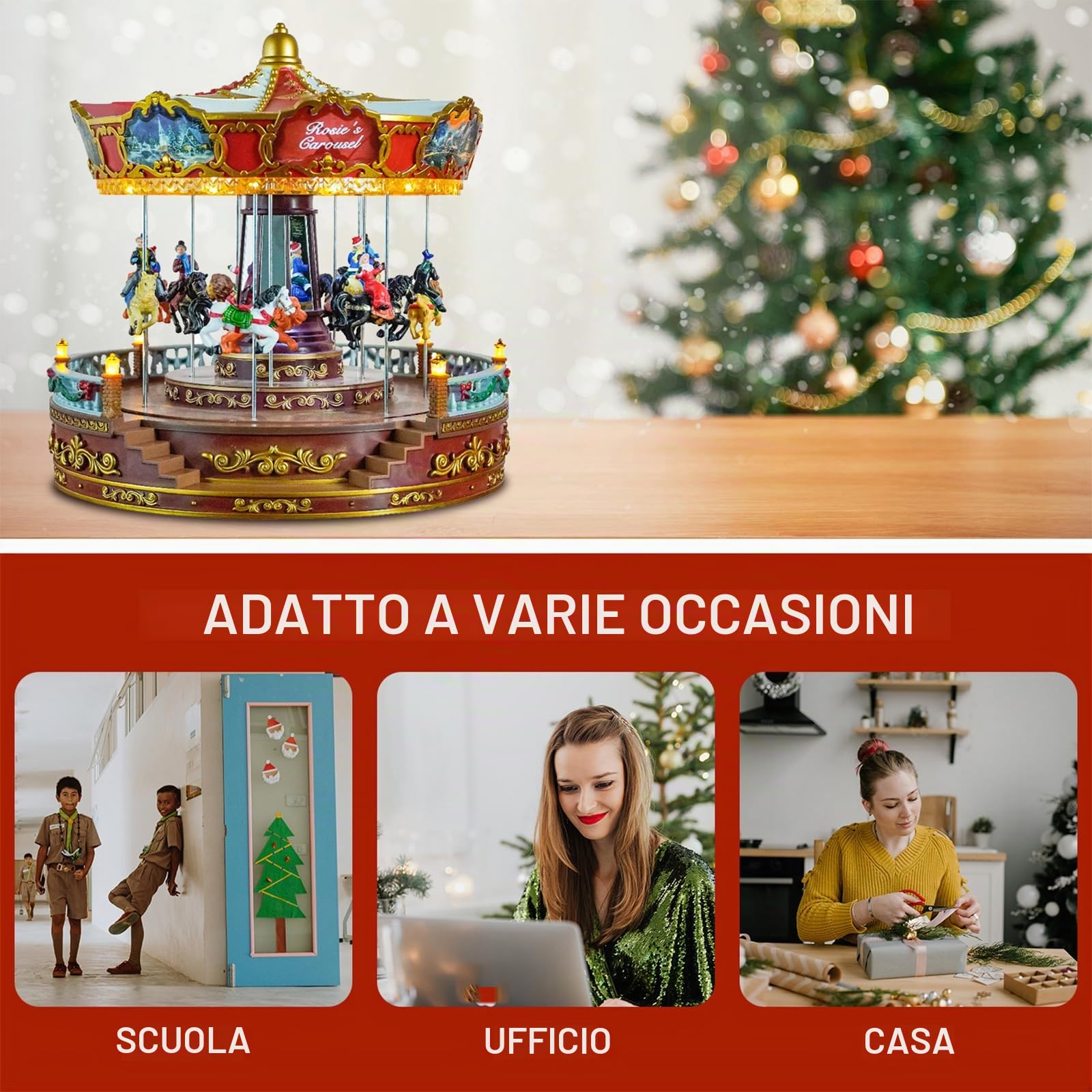 Carillon a LED di Natale con decorazione a giostra – fatto a mano, realistico, gira e si muove verso l'alto con musica per l'atmosfera di fascino – amici perfetti insegnanti