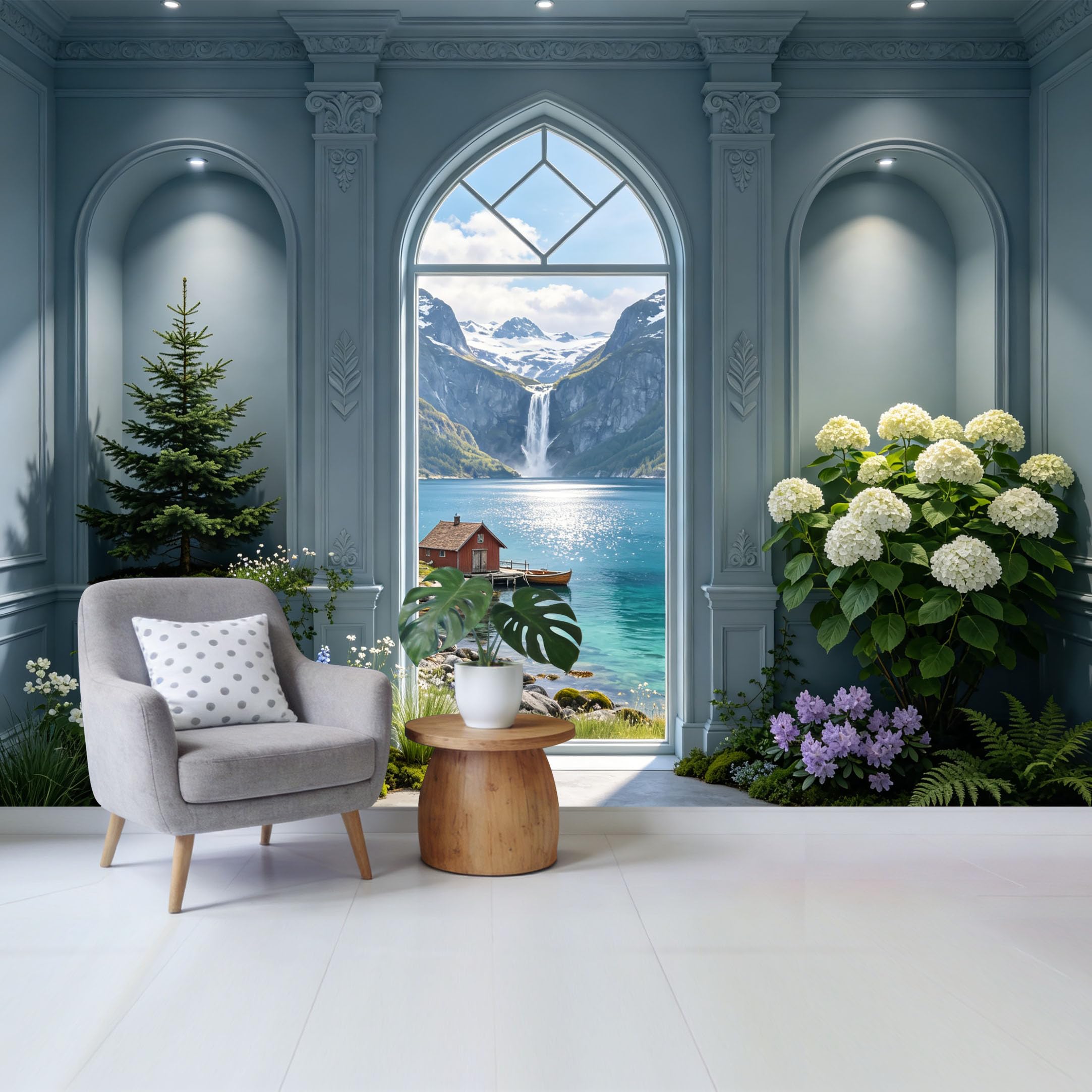 Removable Self Adhesive Fabric Mural， 3D Trompe L'Oeil Scenic Mountain Lake Waterfall Custom Size Wall Covering， UV Protected Waterproof Washable Wall Decor for Living Room Bedroom Bathroom