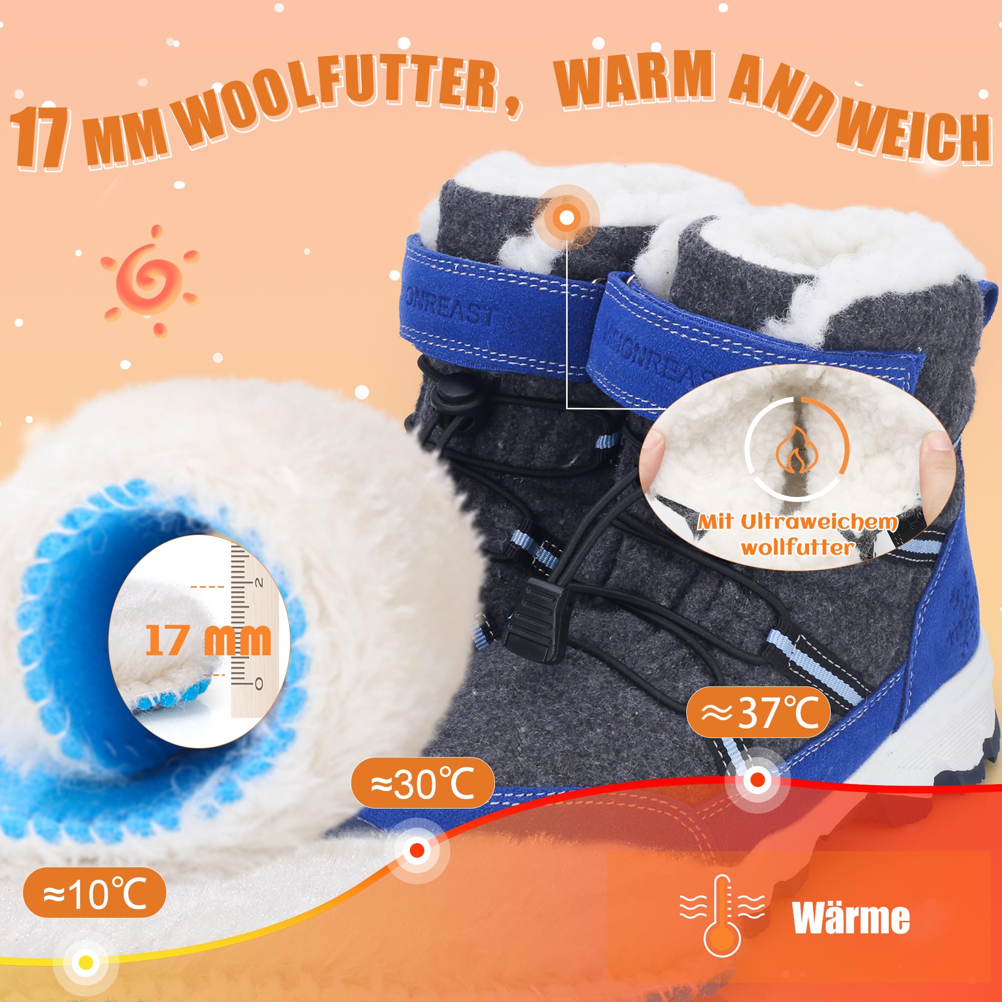 Stivali da Neve Bambini Scarpe Invernali di Lana Calde Antiscivolo Traspirante Escursionismo Scarponi da Ragazzi