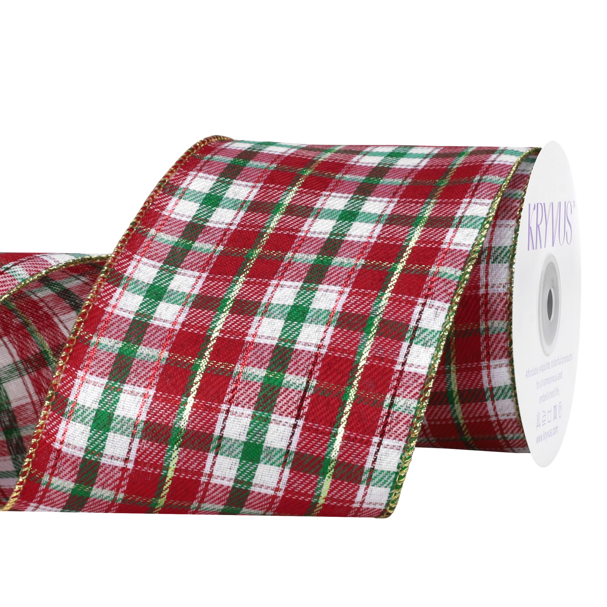 Kryvus Tartan Plaid Christmas Wired Ribbon 100mm x 9 Meters Red/Green/White